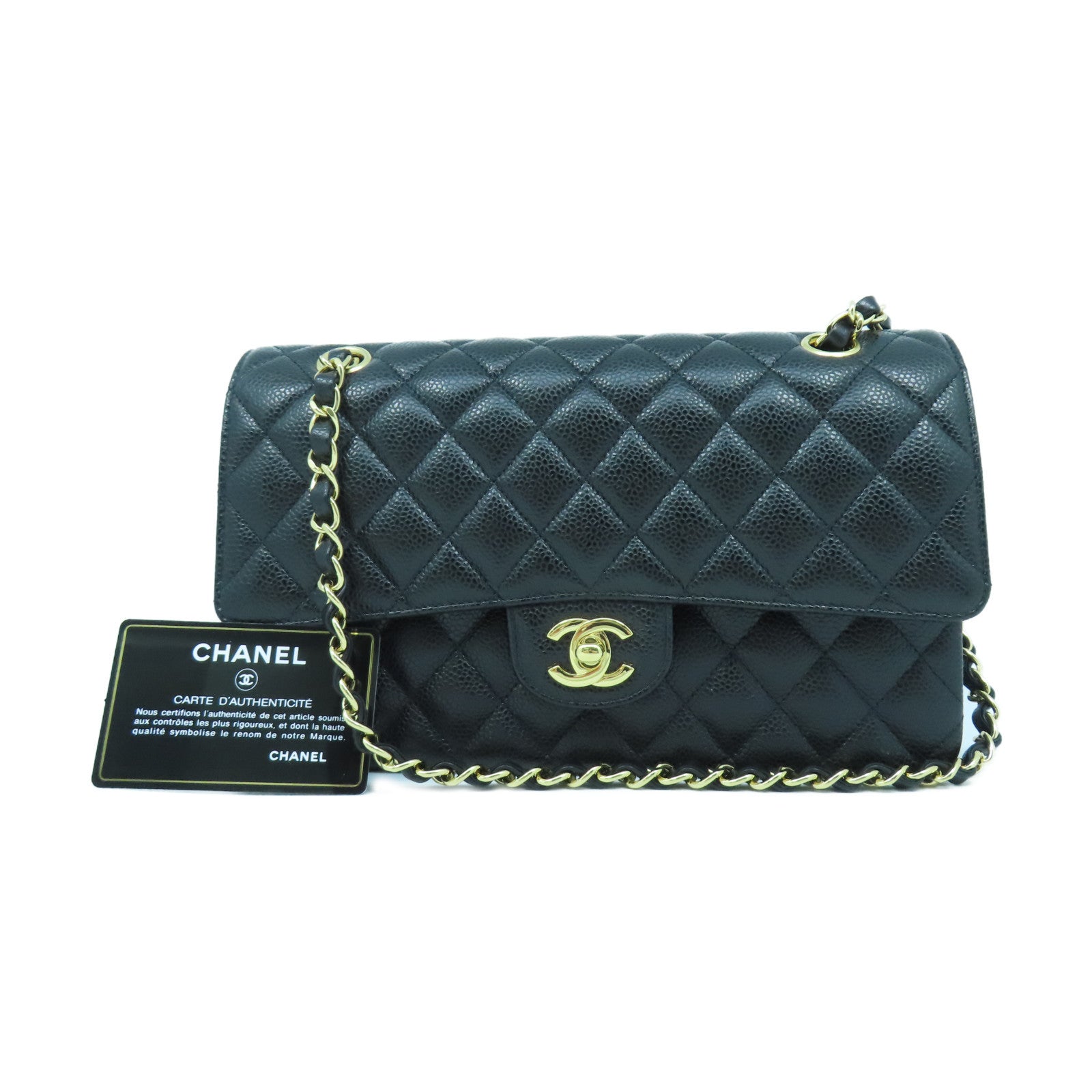 CHANEL 菱格Caviar皮革Classic 25金扣鏈帶肩背袋黑色