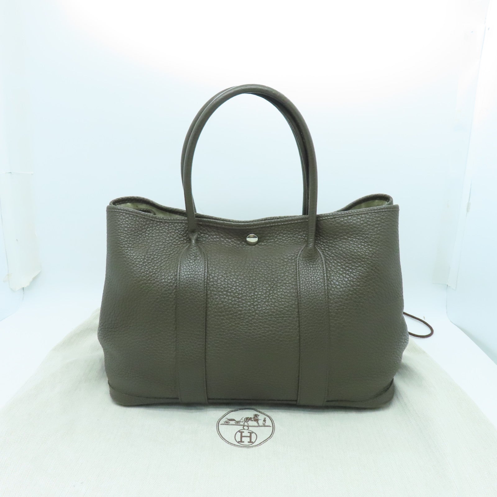 HERMES Negonda Leather Garden Party PM Silver Button Handle Bag Green