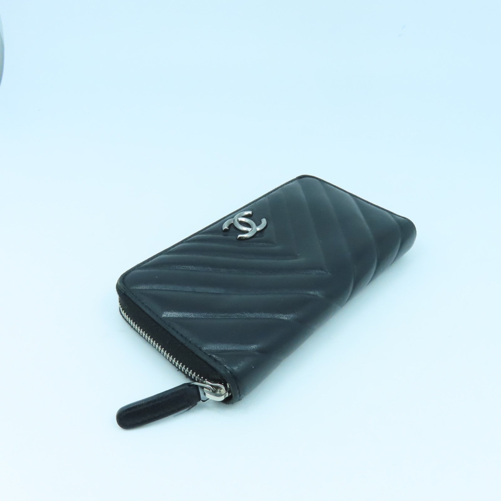 CHANEL 斜紋牛皮皮革Card Case銀扣卡片套黑色