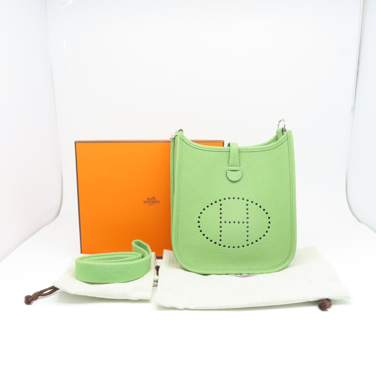 HERMES Clemence皮革Evelyne TPM銀扣肩背袋綠色