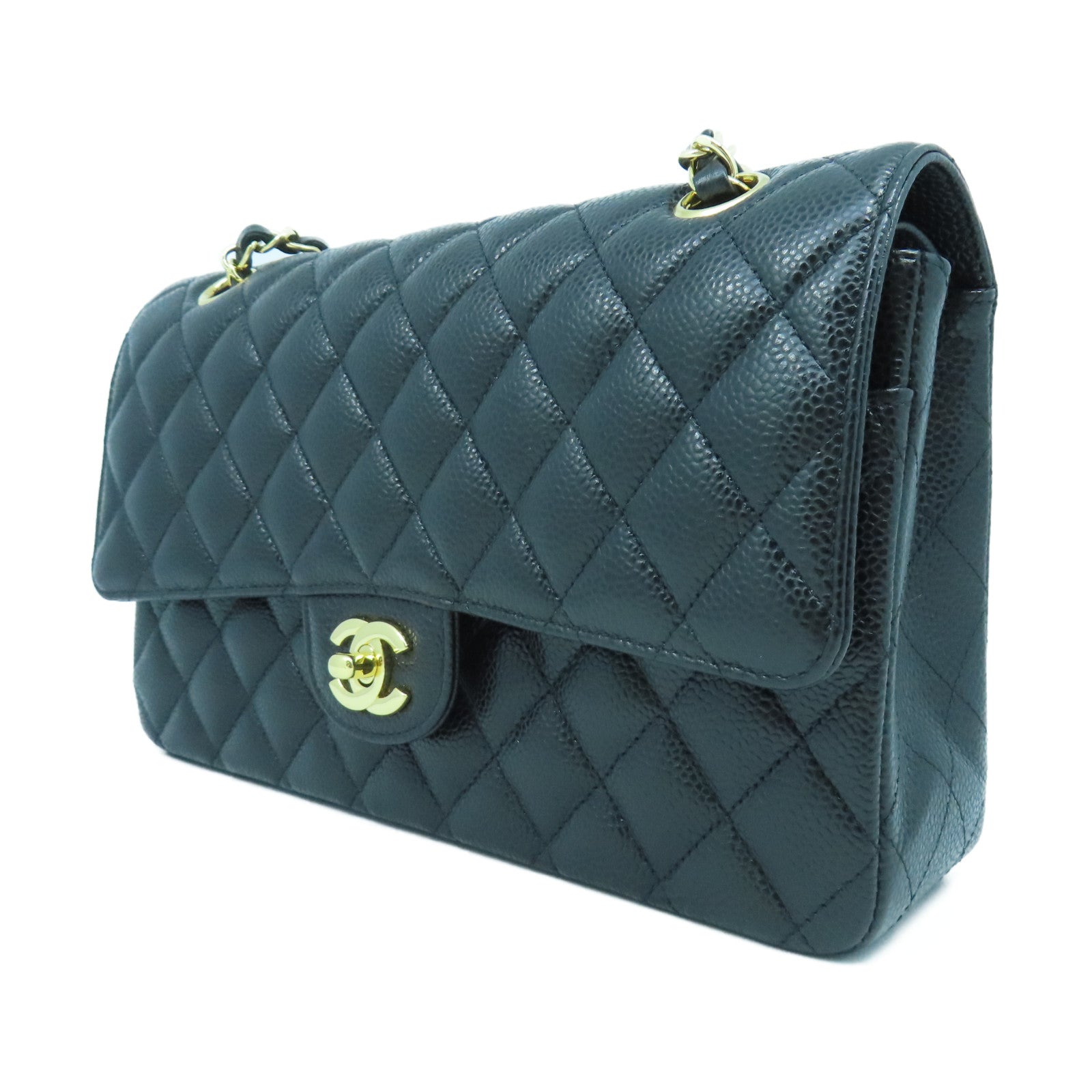 CHANEL 菱格Caviar皮革Classic 25金扣鏈帶肩背袋黑色