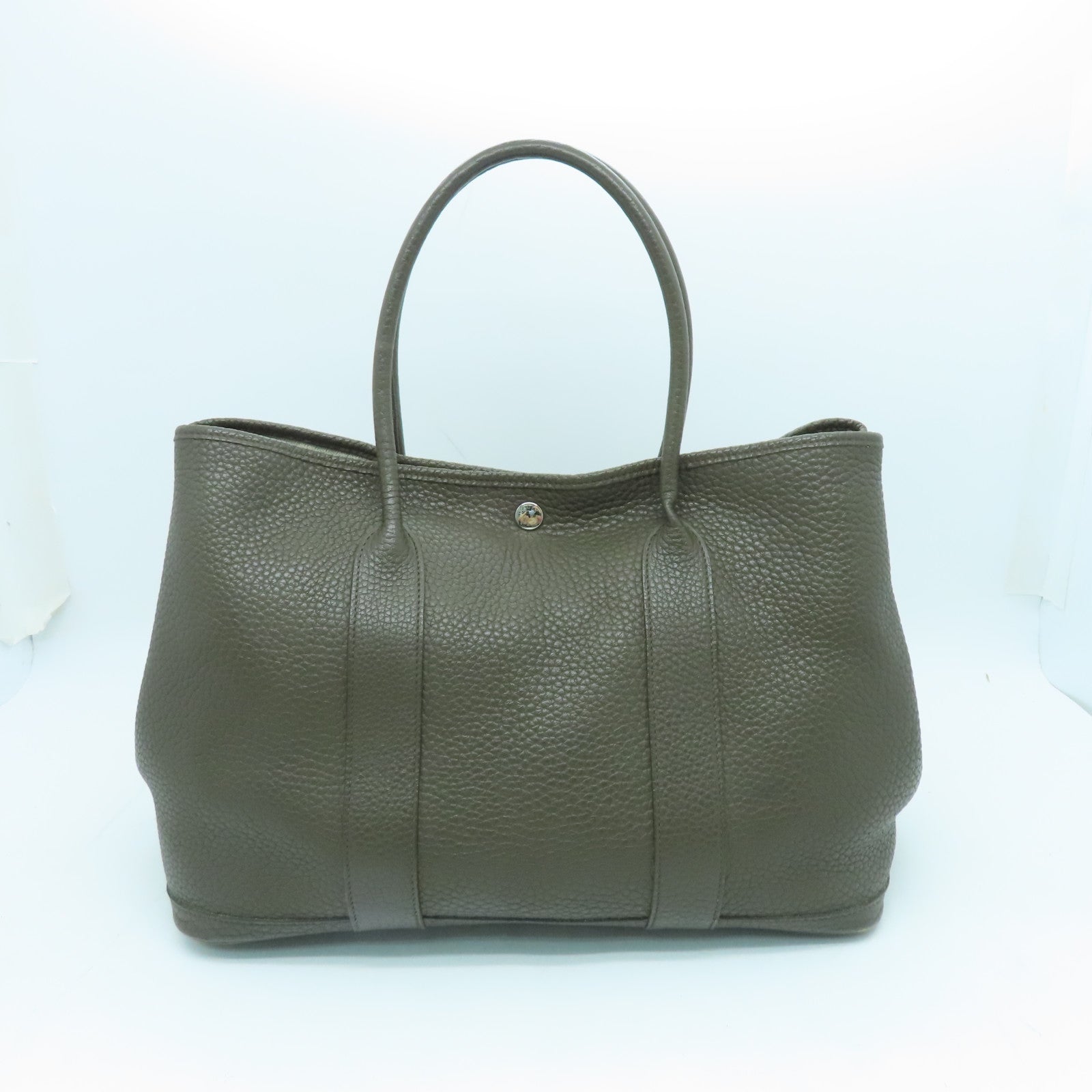 HERMES Negonda Leather Garden Party PM Silver Button Handle Bag Green