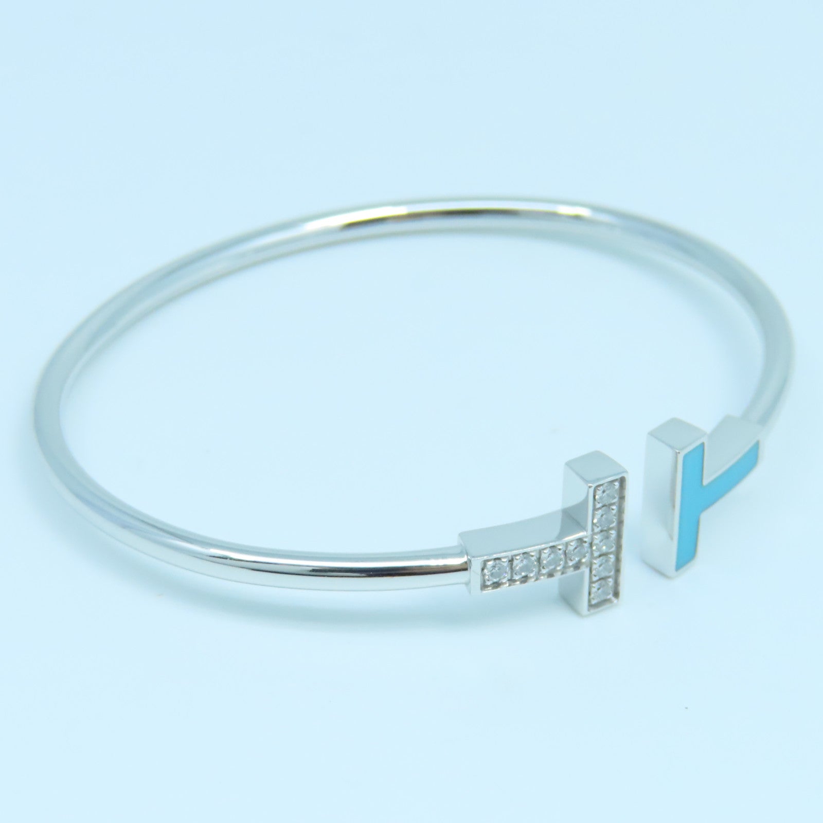 TIFFANY＆CO 18K白金Diamond Turquoise T Wire手鐲淺藍色銀色