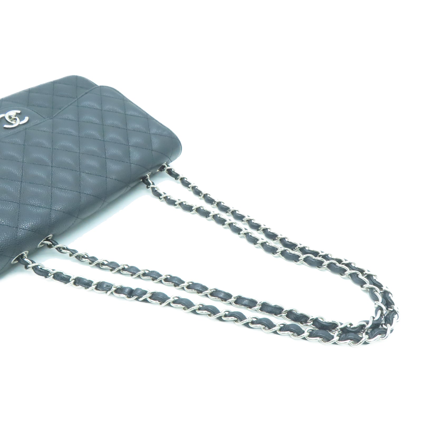CHANEL 菱格Caviar皮革Chain Shoulder銀扣鏈帶肩背袋黑色