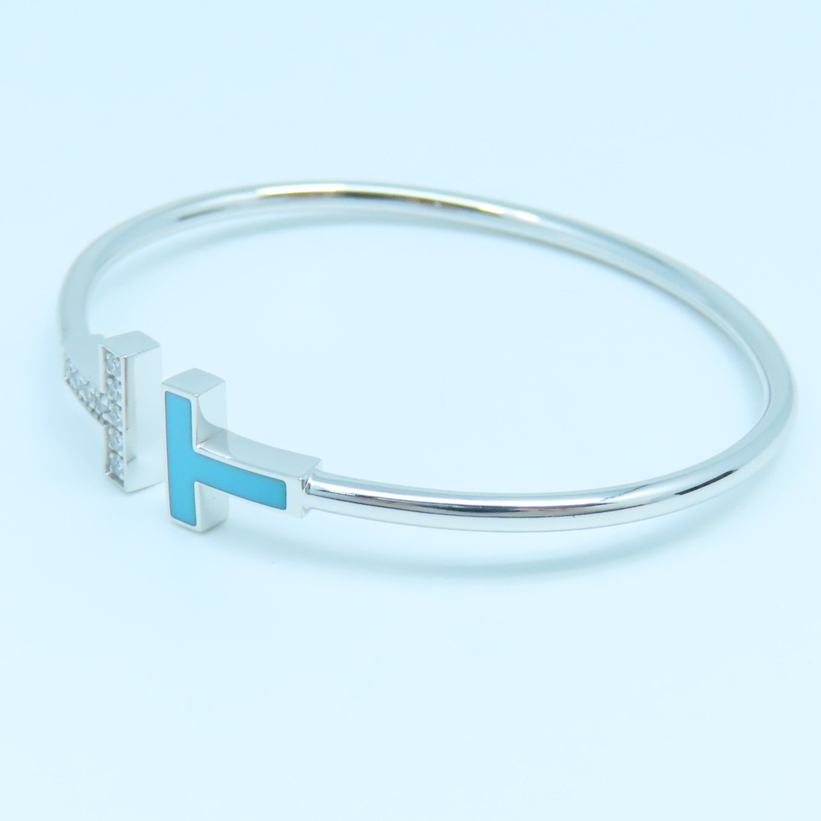 TIFFANY＆CO 18K白金Diamond Turquoise T Wire手鐲淺藍色銀色
