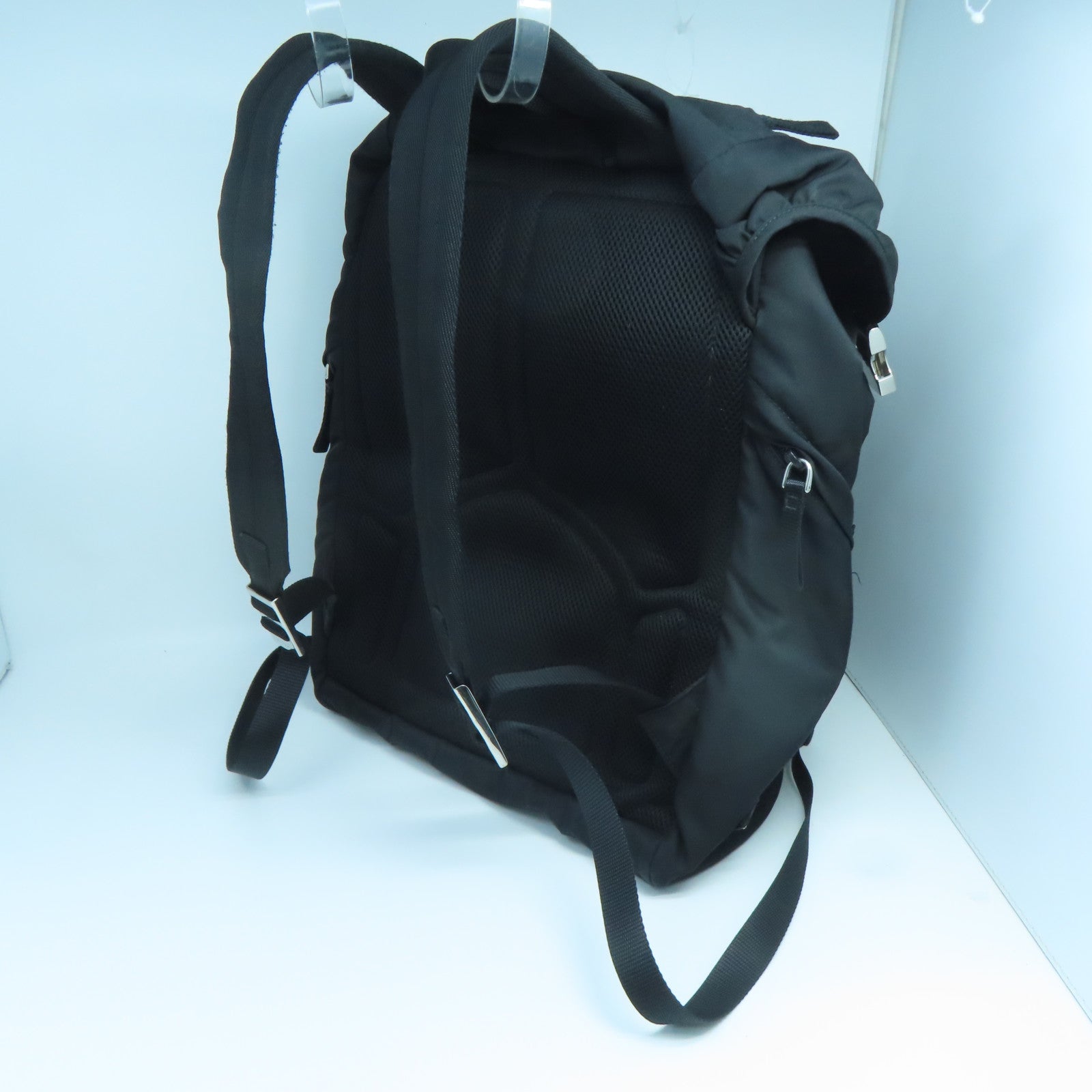 PRADA Nylon Backpack Silver Buckle Backpack Black