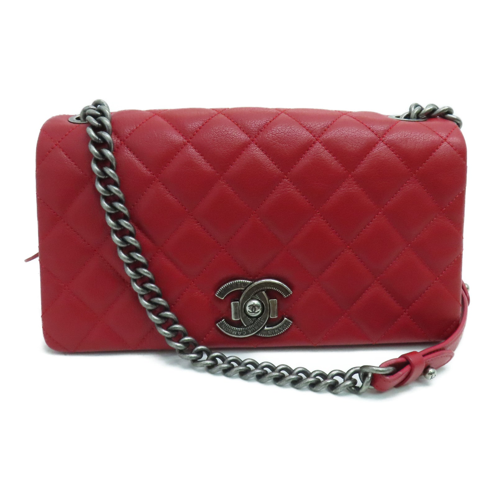 CHANEL 菱格牛皮皮革Chain Shoulder銀扣肩背袋紅色