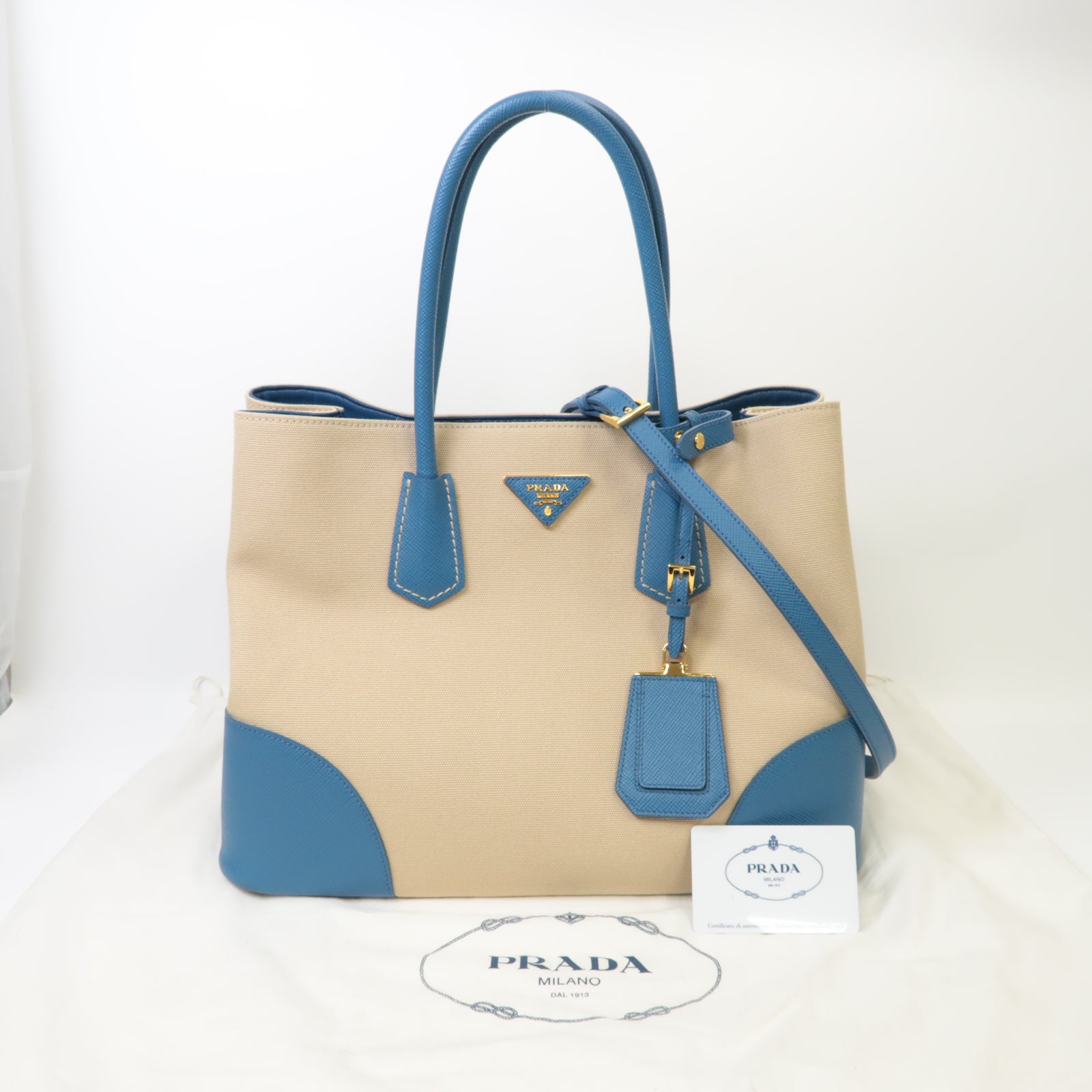 PRADA 帆布/牛皮皮革2way Shoulder Bag金扣手挽肩背兩用袋藍色/米色
