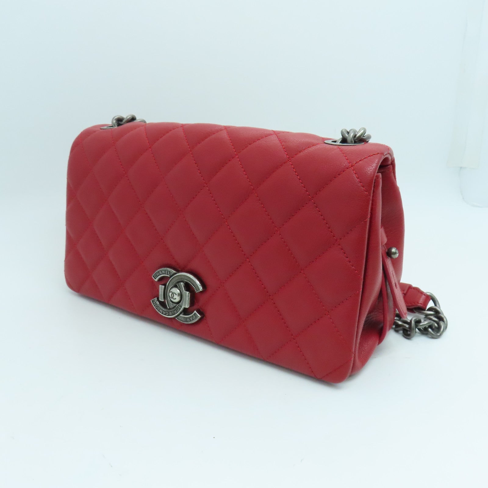CHANEL 菱格牛皮皮革Chain Shoulder銀扣肩背袋紅色