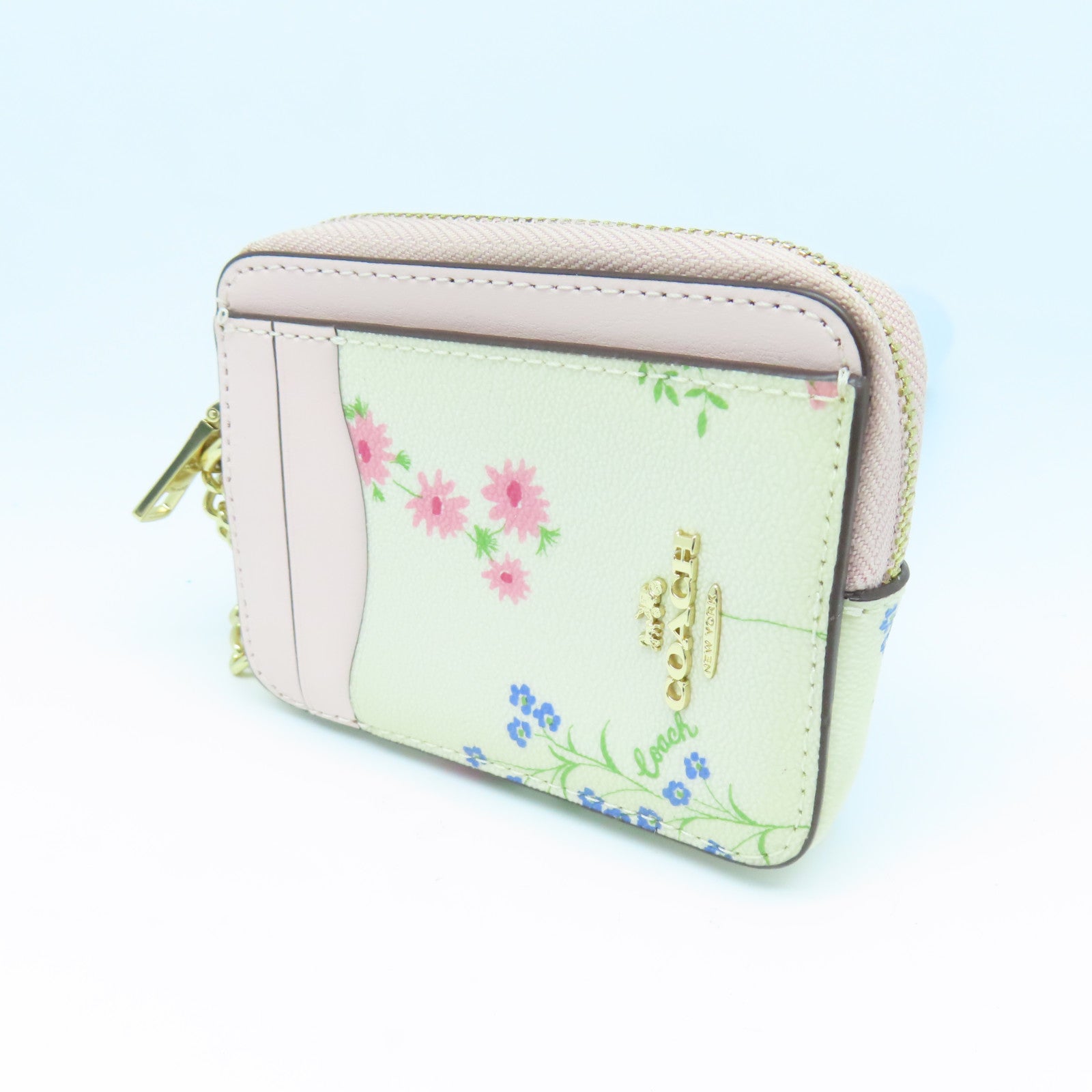 COACH Leather Card Case Gold Buckle White/Pink