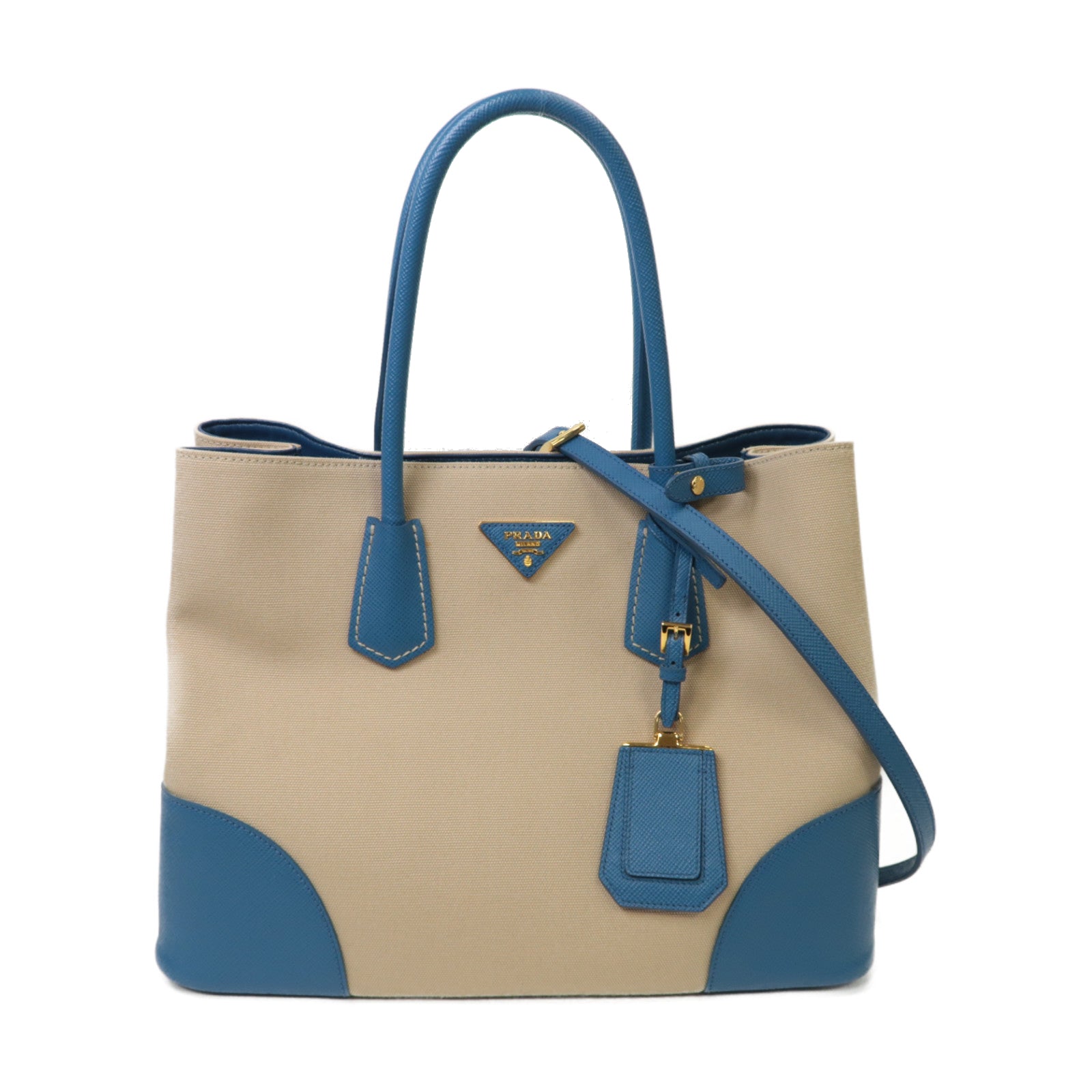 PRADA 帆布/牛皮皮革2way Shoulder Bag金扣手挽肩背兩用袋藍色/米色