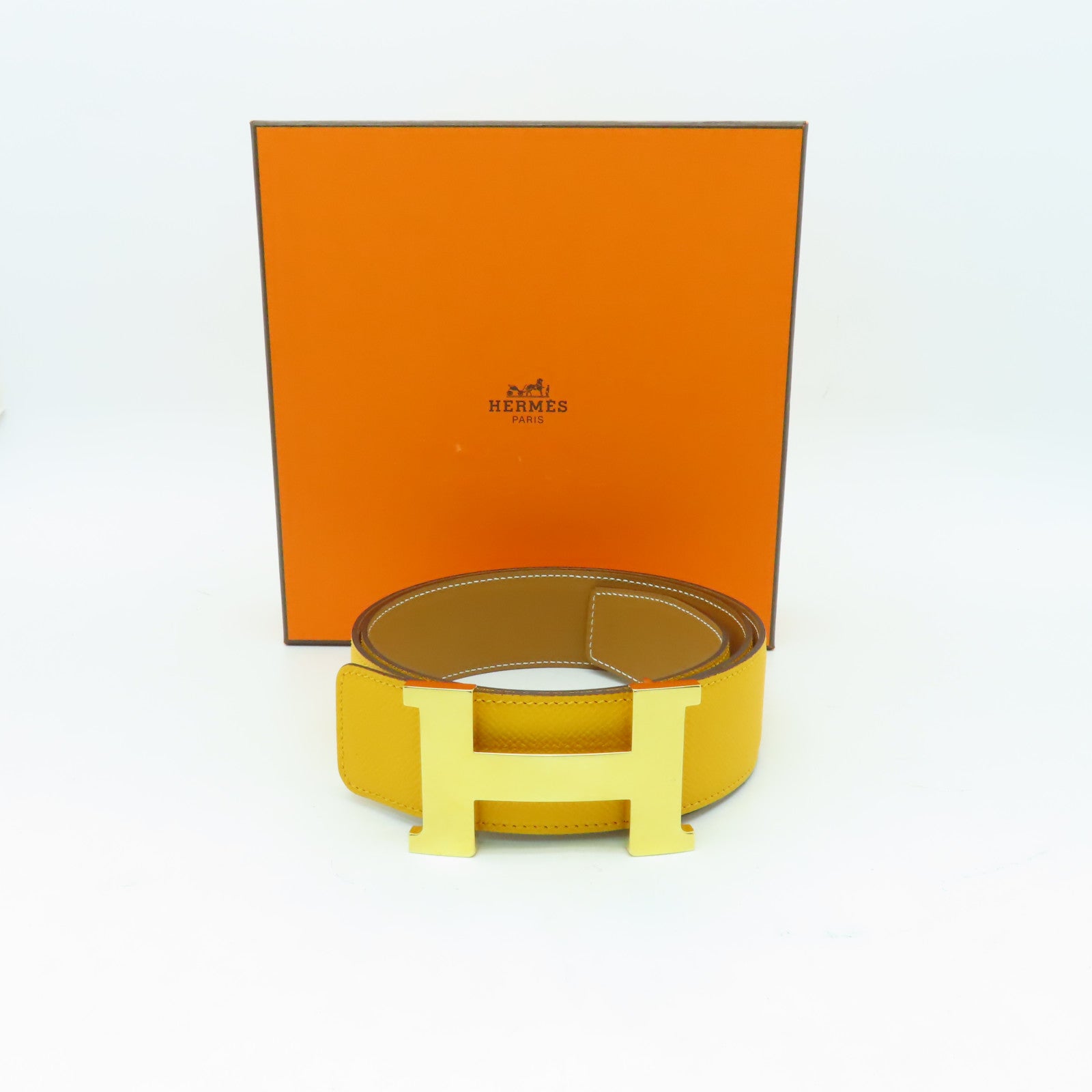HERMES Epsom皮革Big H Belt 90x4.2cm金扣皮帶黃色
