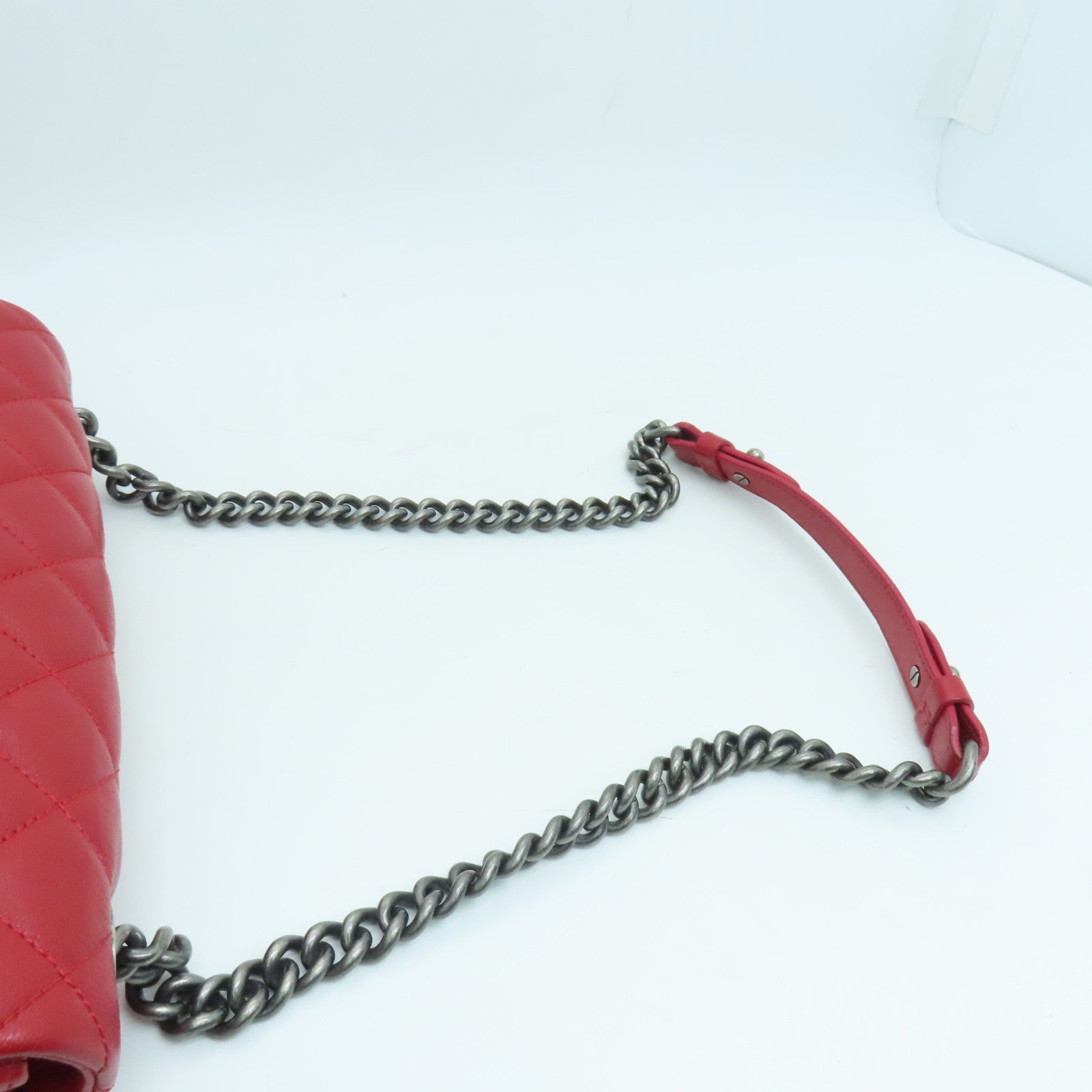 CHANEL 菱格牛皮皮革Chain Shoulder銀扣肩背袋紅色