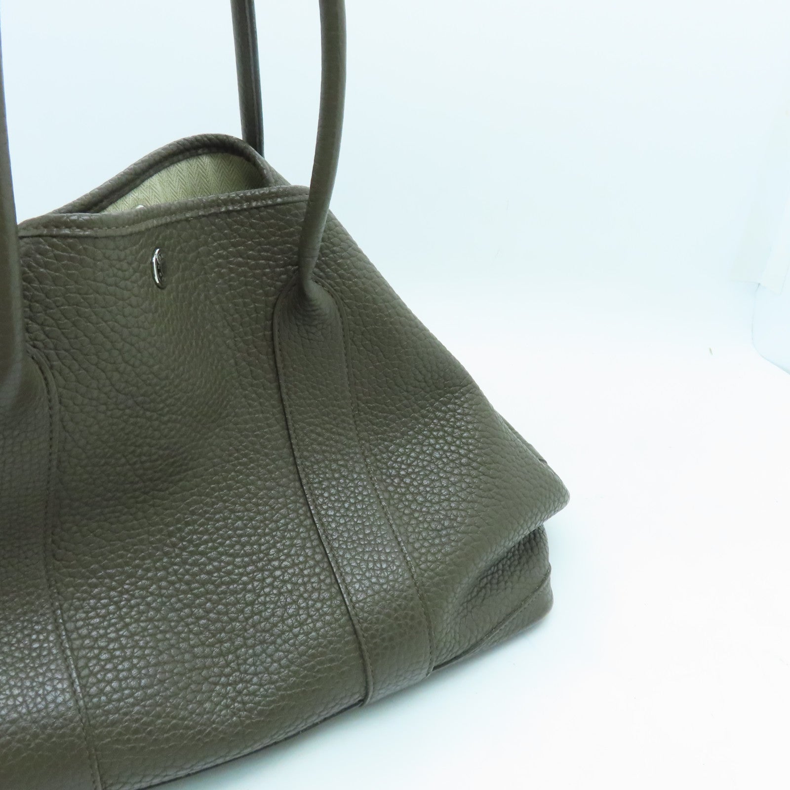 HERMES Negonda Leather Garden Party PM Silver Button Handle Bag Green