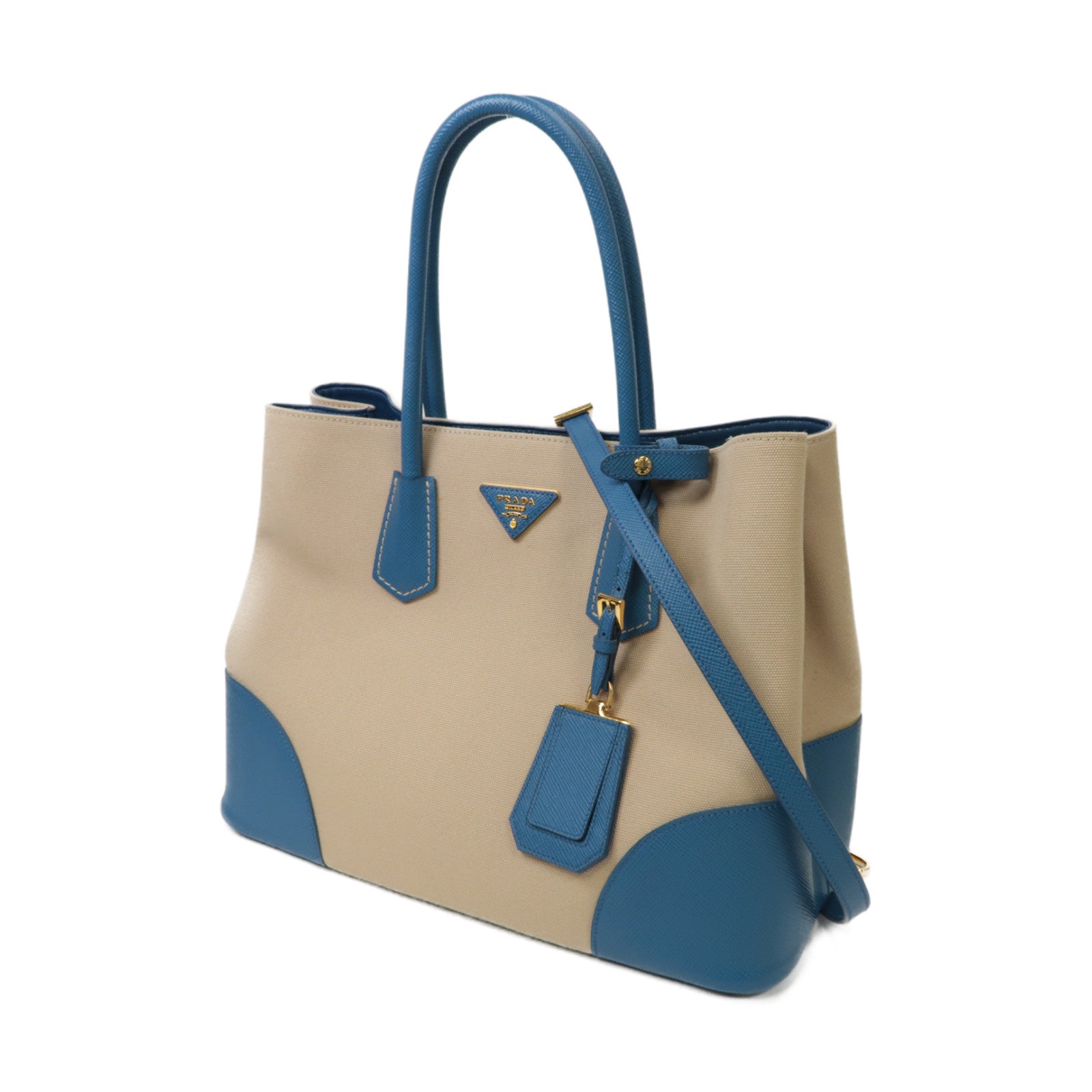 PRADA 帆布/牛皮皮革2way Shoulder Bag金扣手挽肩背兩用袋藍色/米色