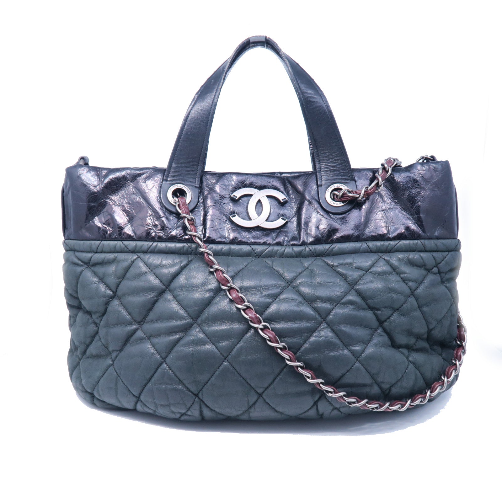CHANEL 菱格牛皮皮革2 Way Shoulder Bag銀扣鏈帶肩背袋黑色/灰色