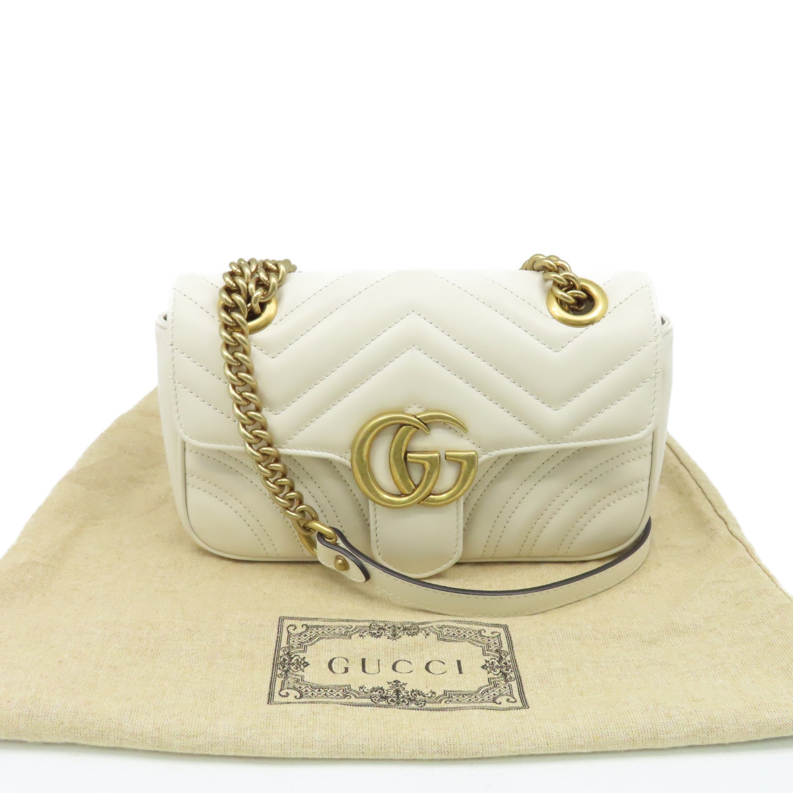 GUCCI 牛皮皮革GG Marmont金扣鏈帶肩背袋米白色