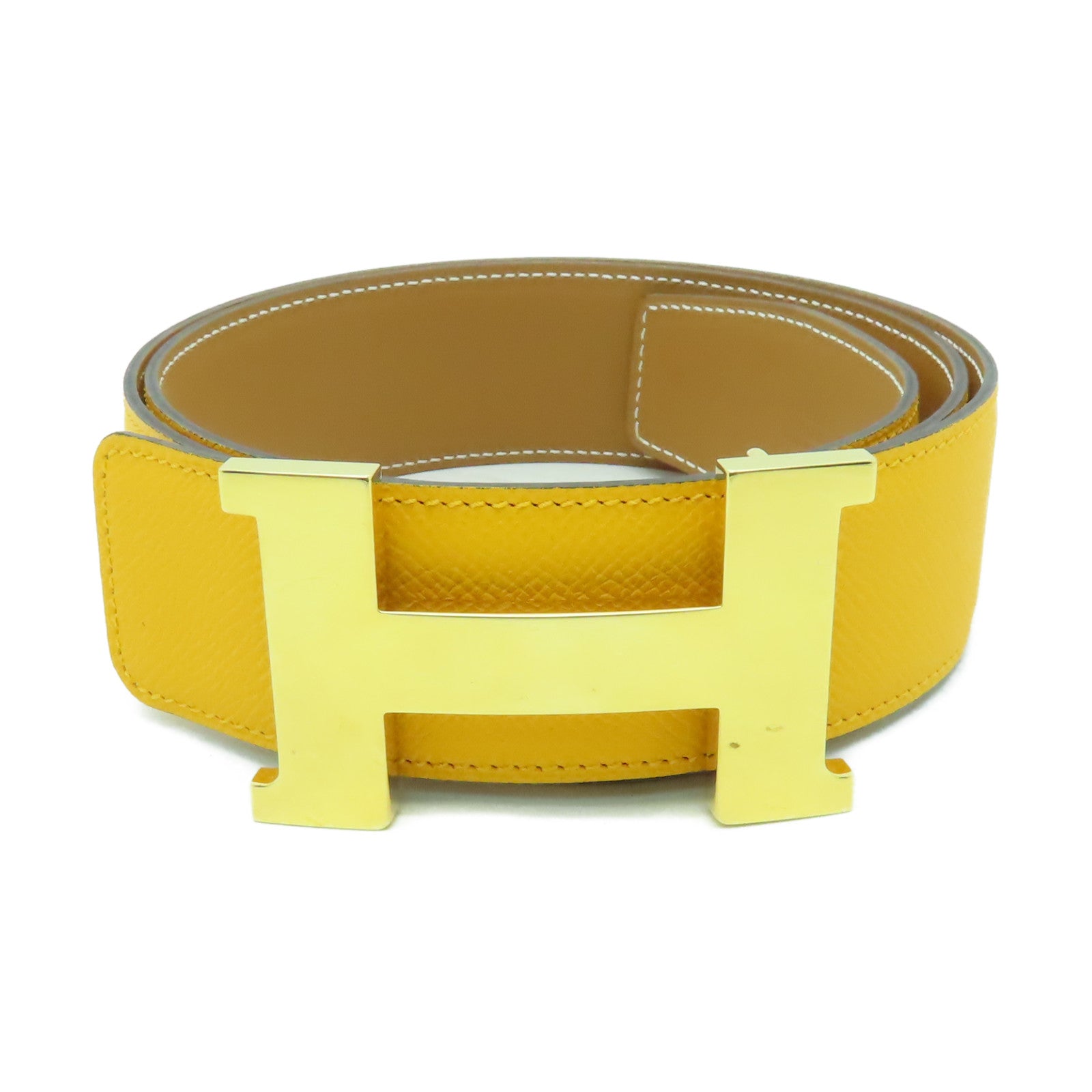 HERMES Epsom皮革Big H Belt 90x4.2cm金扣皮帶黃色