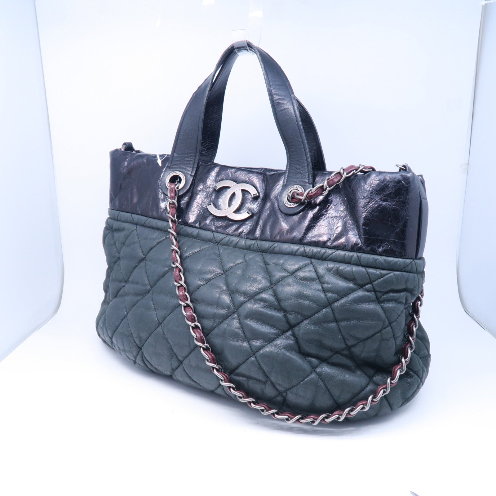 CHANEL 菱格牛皮皮革2 Way Shoulder Bag銀扣鏈帶肩背袋黑色/灰色