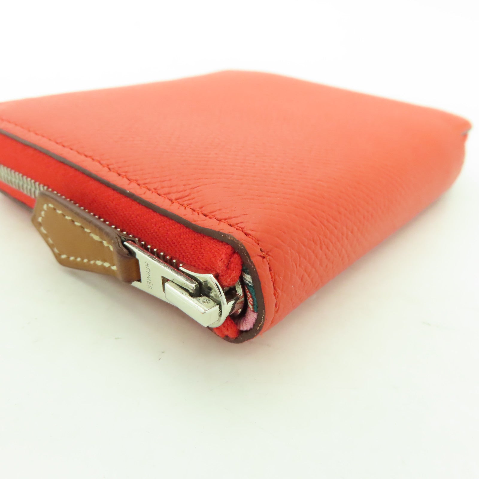 HERMES Clemence皮革Silk in Wallet銀扣錢包牡丹紅色