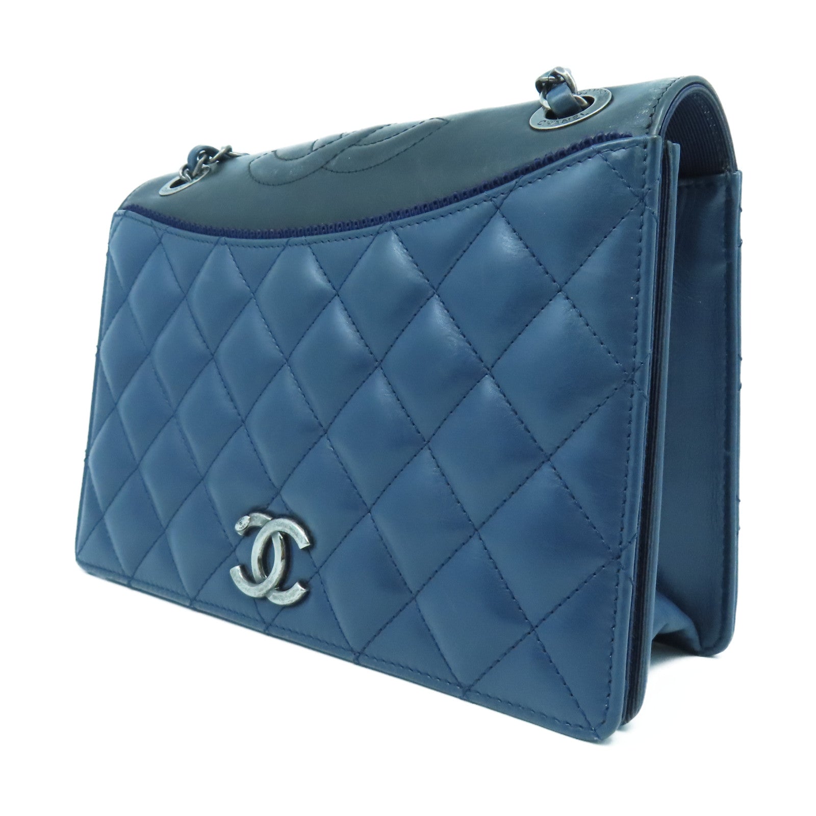 CHANEL 菱格牛皮皮革Chain Shoulder銀扣鏈帶肩背袋藍色