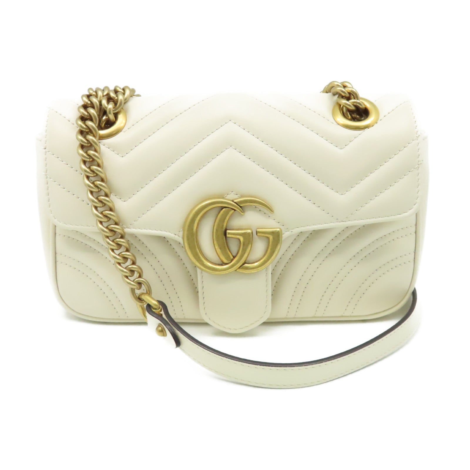 GUCCI 牛皮皮革GG Marmont金扣鏈帶肩背袋米白色