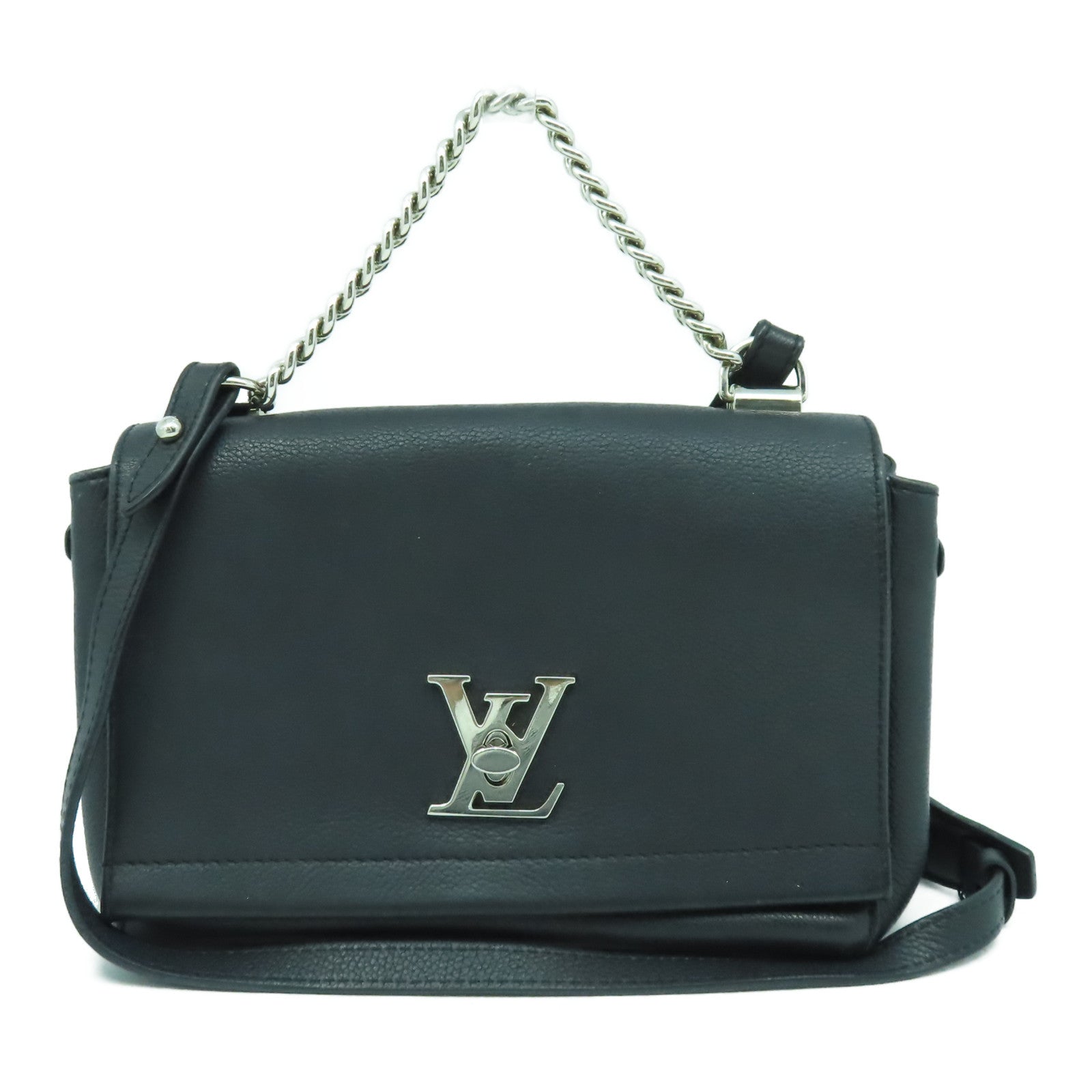 LOUIS VUITTON 牛皮皮革Lockme II BB銀扣手挽肩背兩用袋Noir黑色