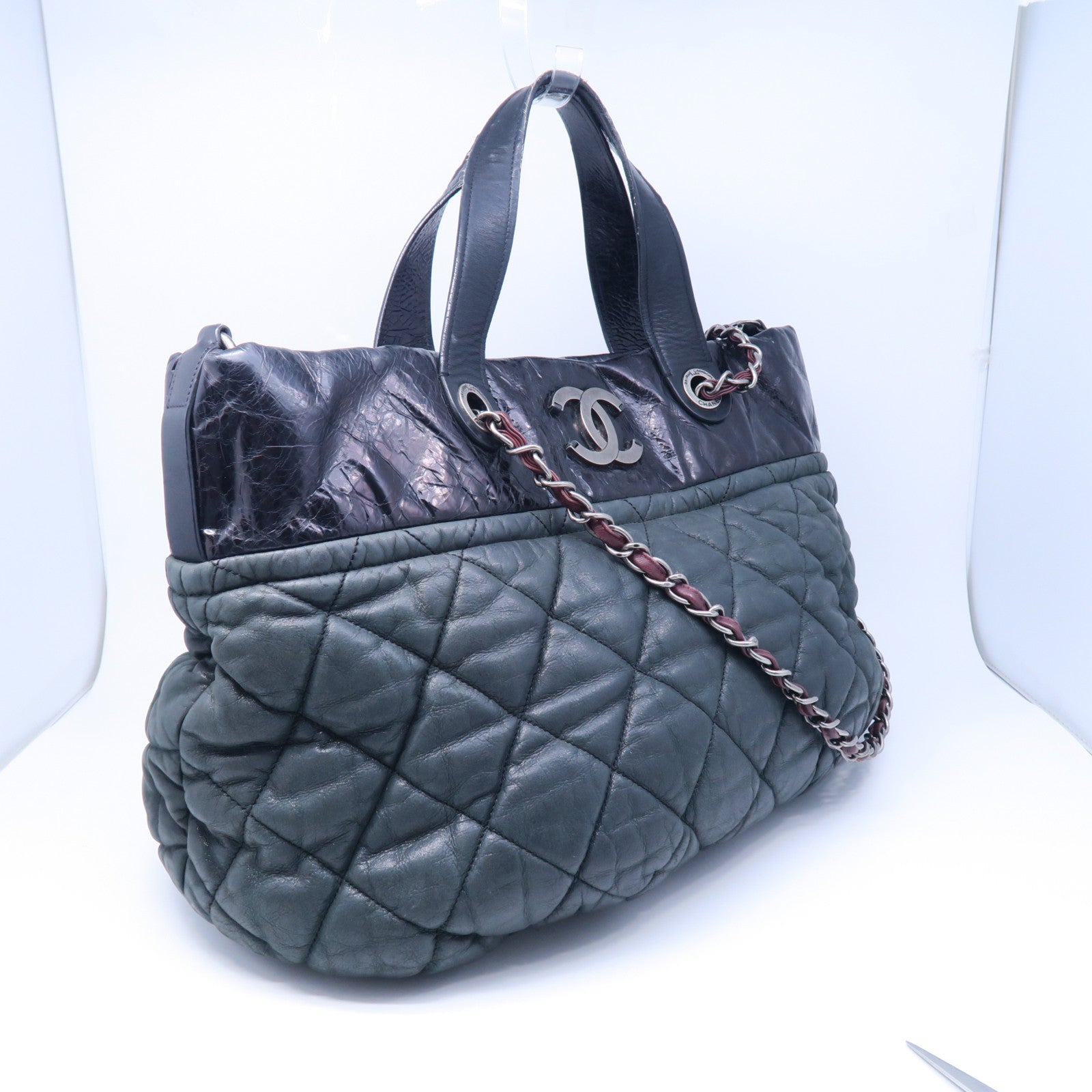 CHANEL 菱格牛皮皮革2 Way Shoulder Bag銀扣鏈帶肩背袋黑色/灰色
