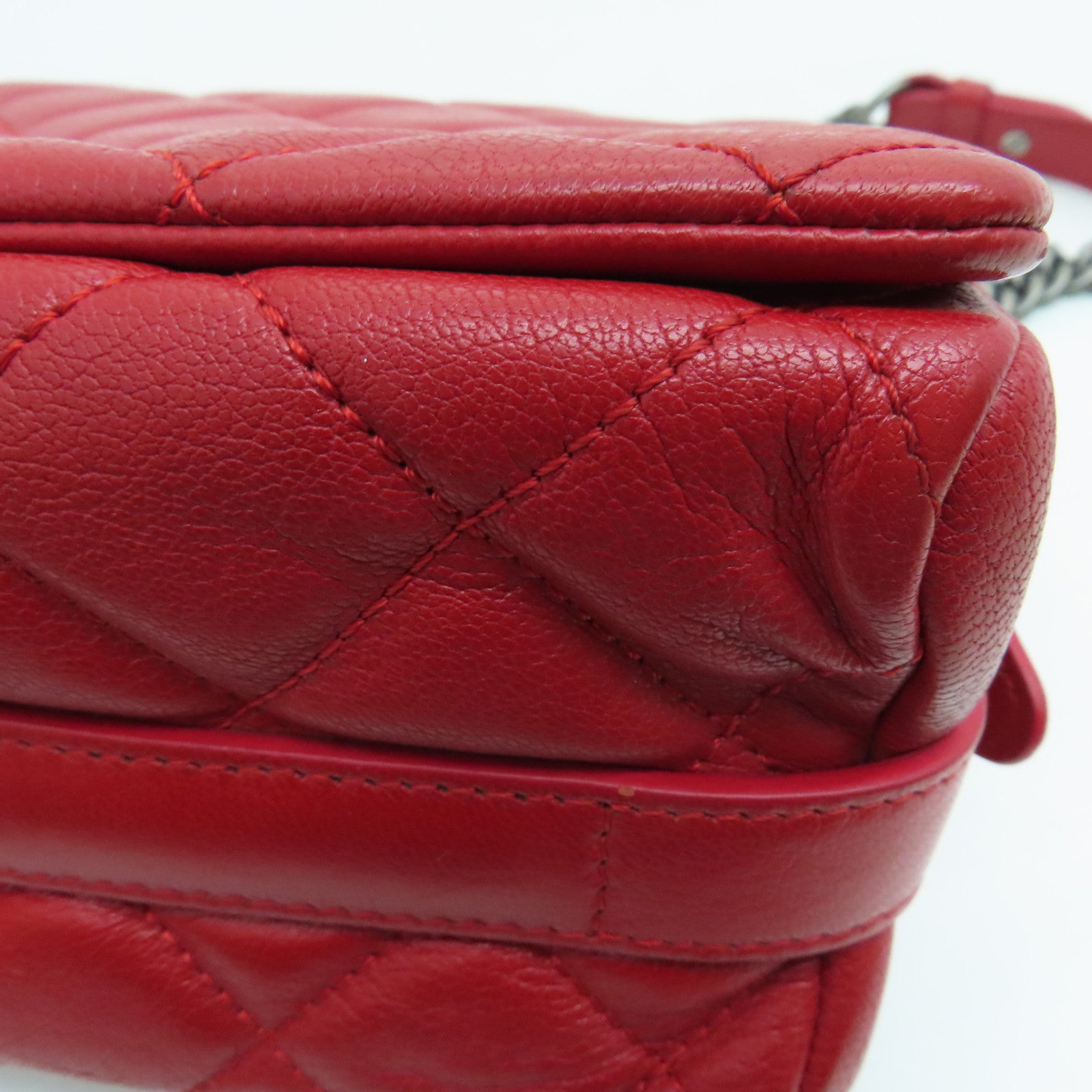 CHANEL 菱格牛皮皮革Chain Shoulder銀扣肩背袋紅色