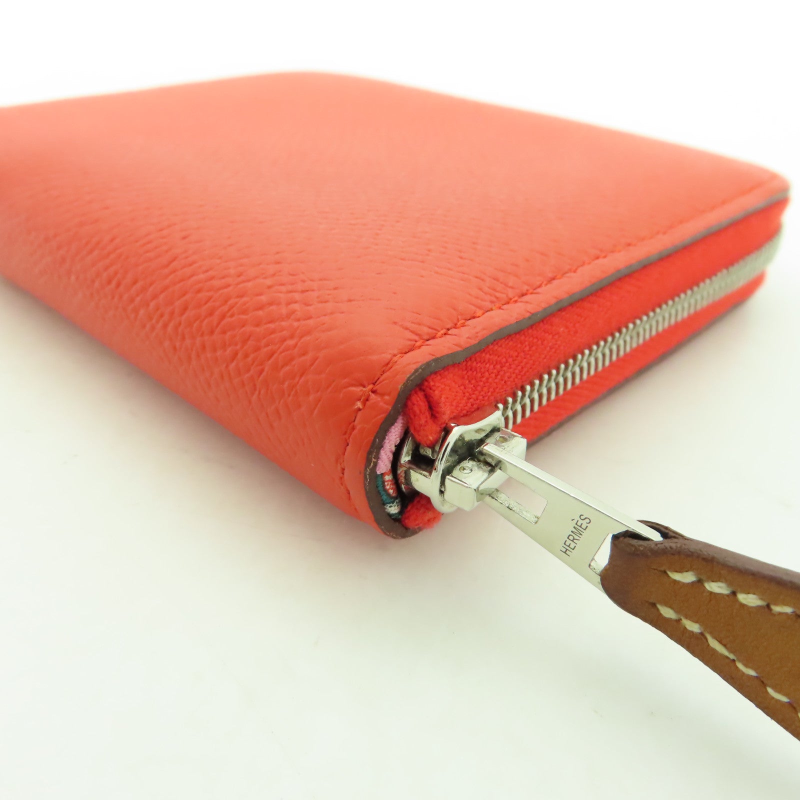 HERMES Clemence皮革Silk in Wallet銀扣錢包牡丹紅色