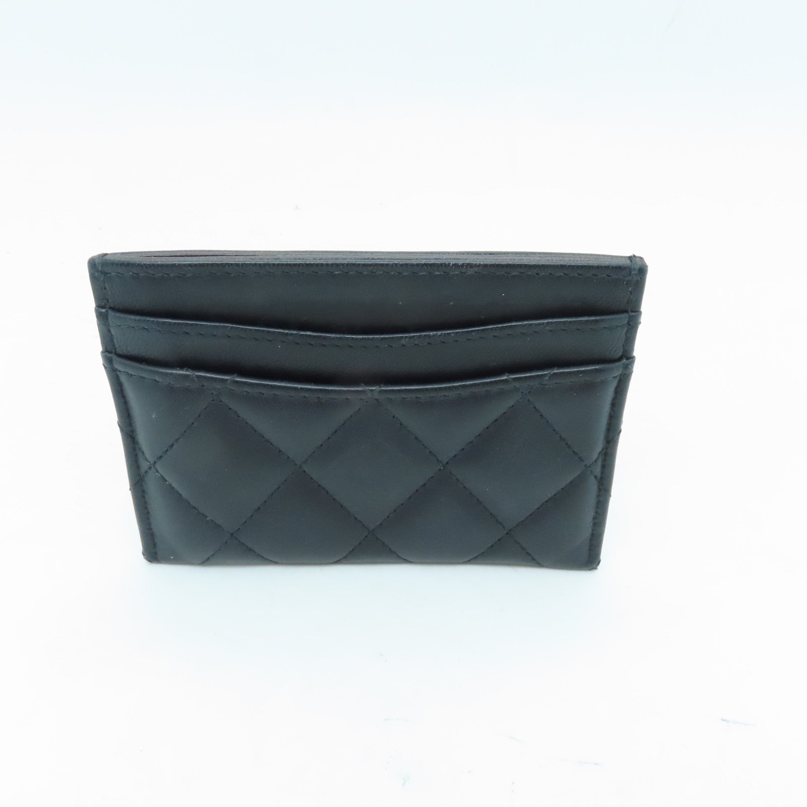 CHANEL Rhombus Sheepskin Leather Card Case Gold Buckle Card Holder Black