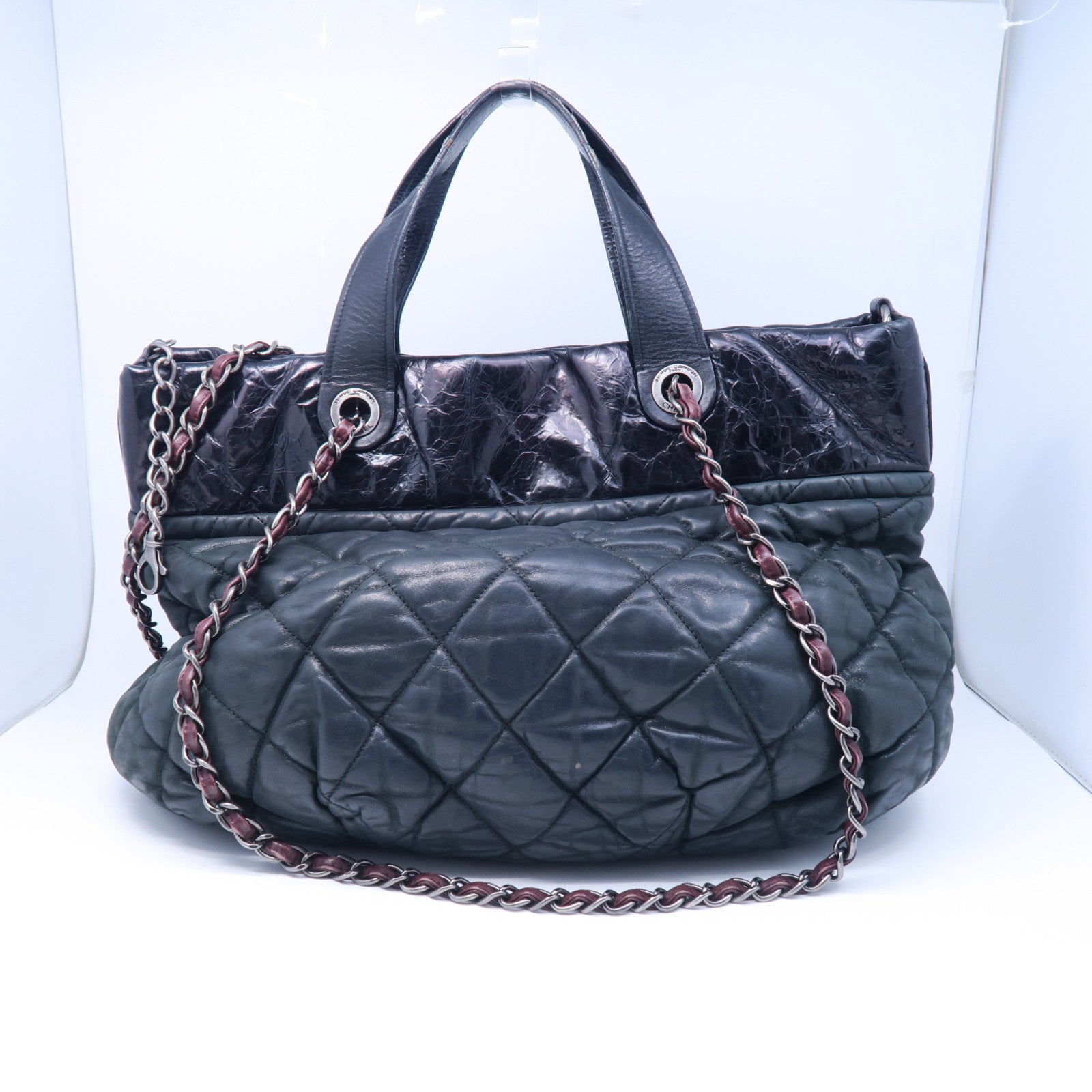 CHANEL 菱格牛皮皮革2 Way Shoulder Bag銀扣鏈帶肩背袋黑色/灰色