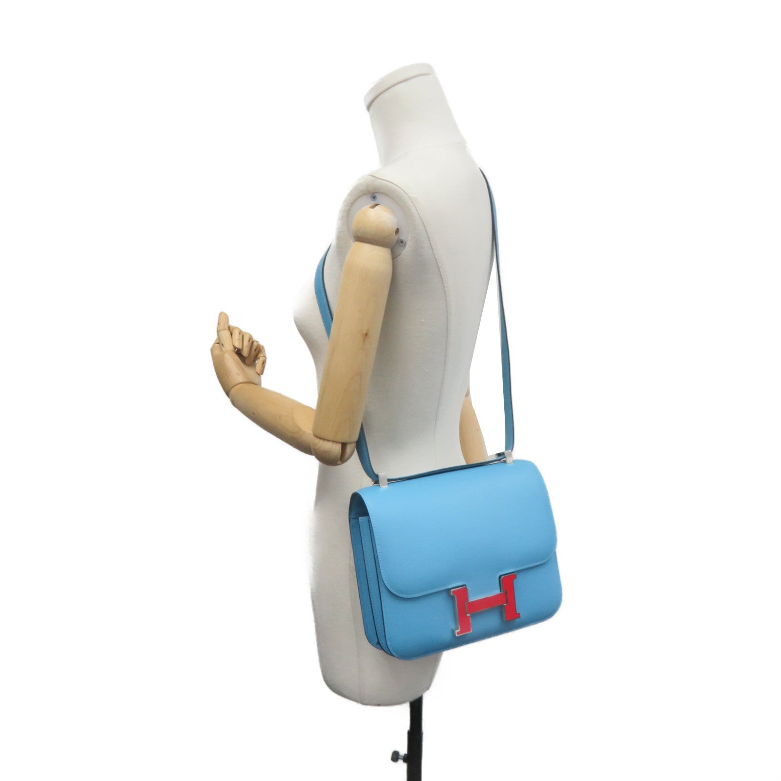 HERMES Epsom皮革Constance 24 Shoulder Bag银扣肩背袋Bleu De Nord蓝色