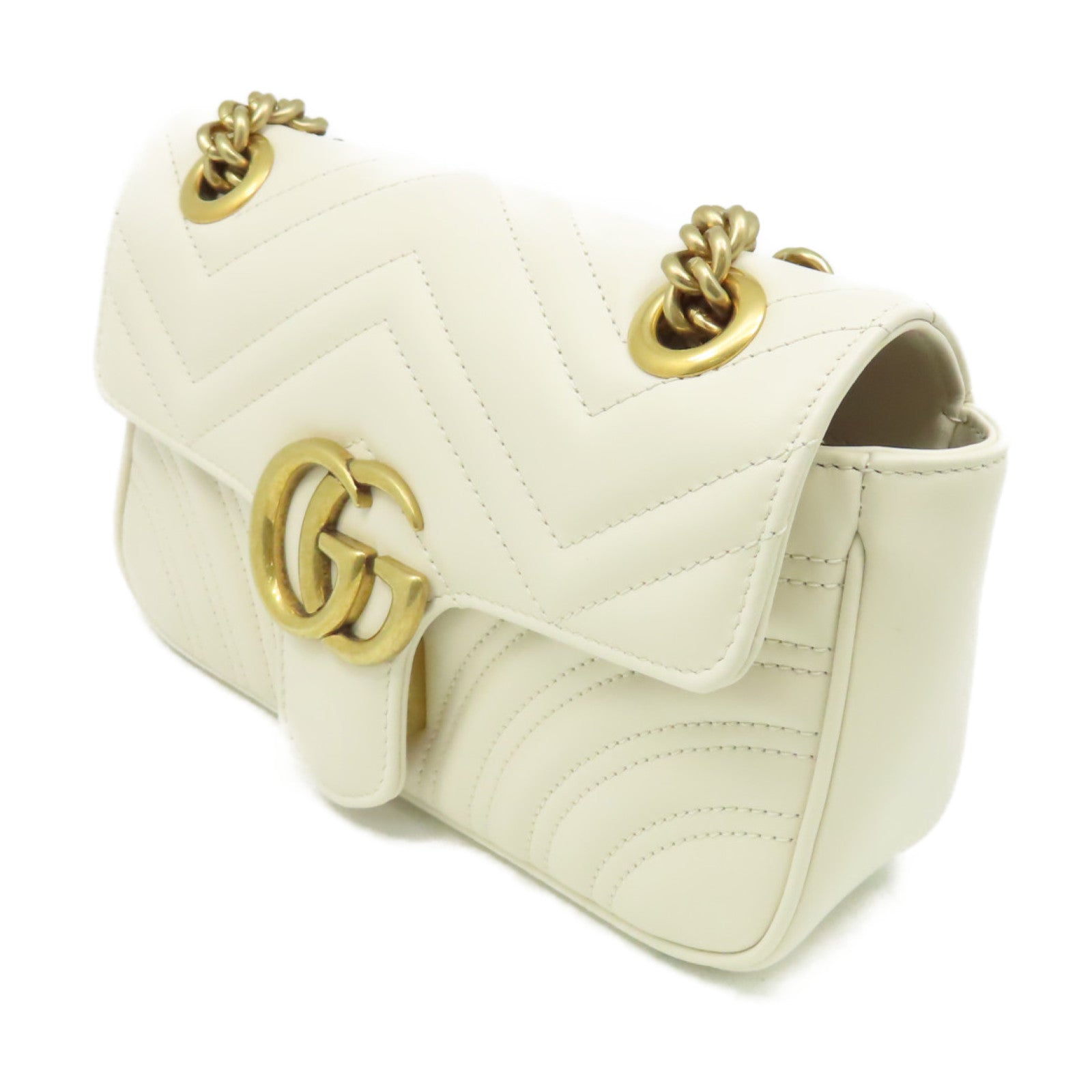 GUCCI 牛皮皮革GG Marmont金扣鏈帶肩背袋米白色