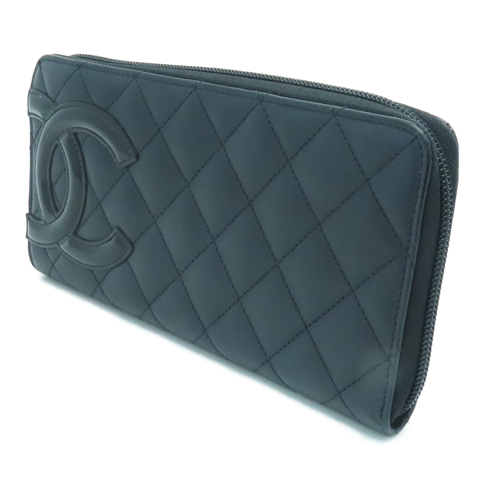 CHANEL 菱格牛皮皮革Cambon Line银扣长钱包黑色