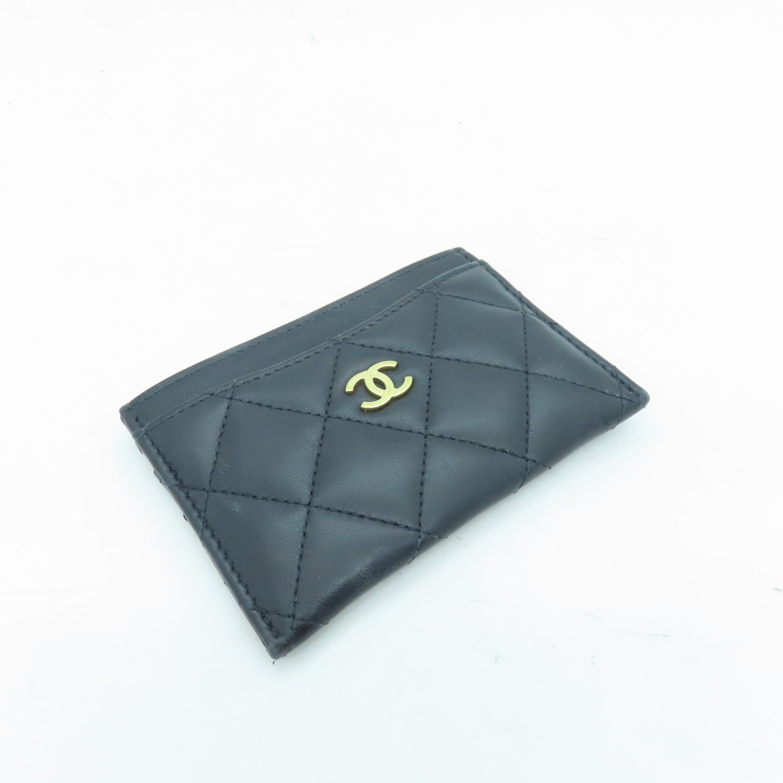 CHANEL Rhombus Sheepskin Leather Card Case Gold Buckle Card Holder Black