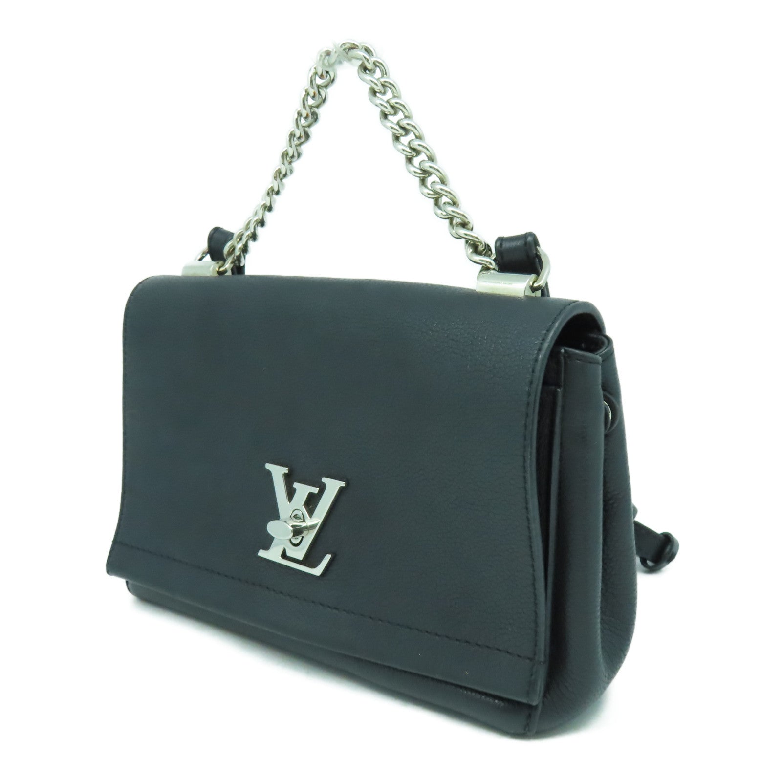 LOUIS VUITTON 牛皮皮革Lockme II BB銀扣手挽肩背兩用袋Noir黑色