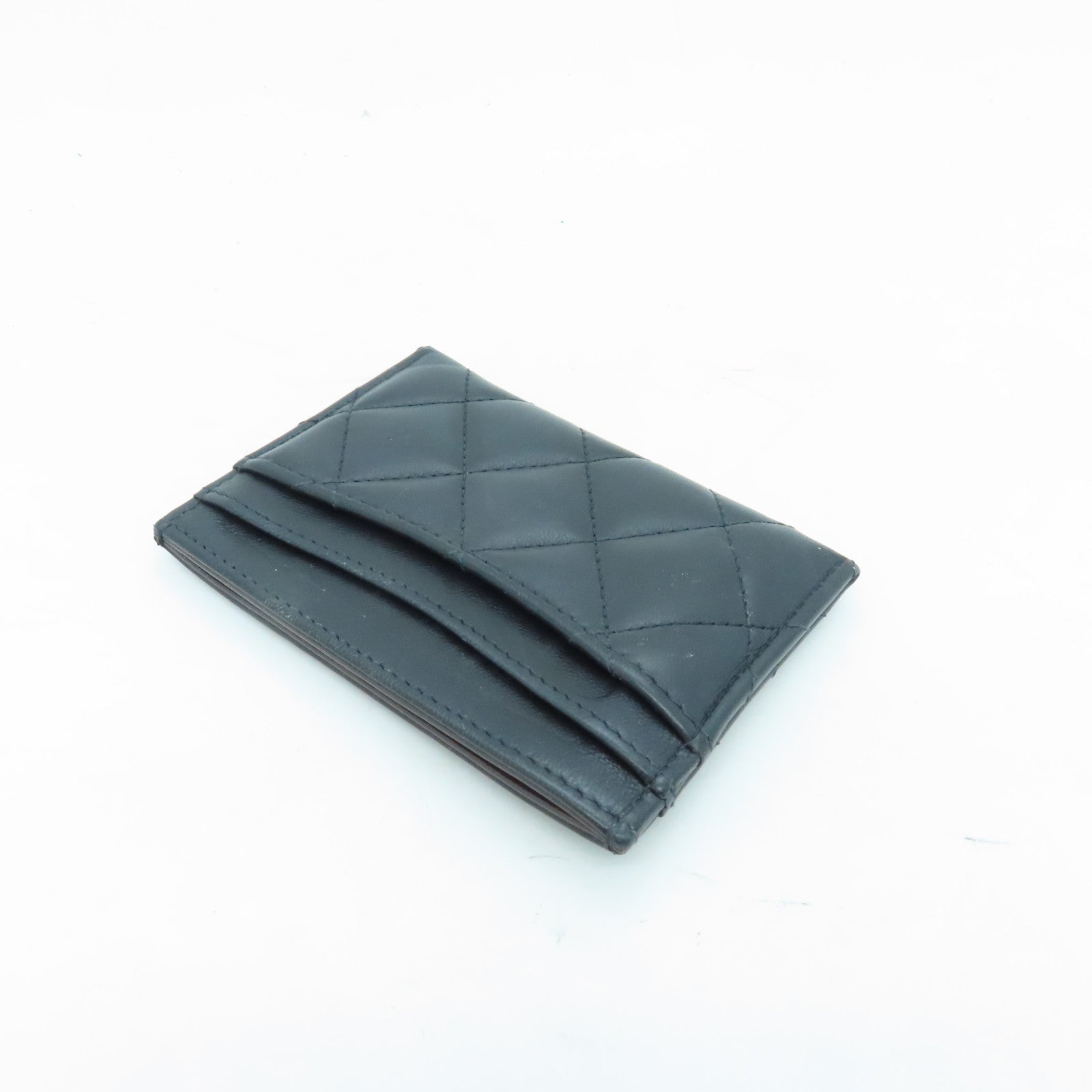 CHANEL Rhombus Sheepskin Leather Card Case Gold Buckle Card Holder Black