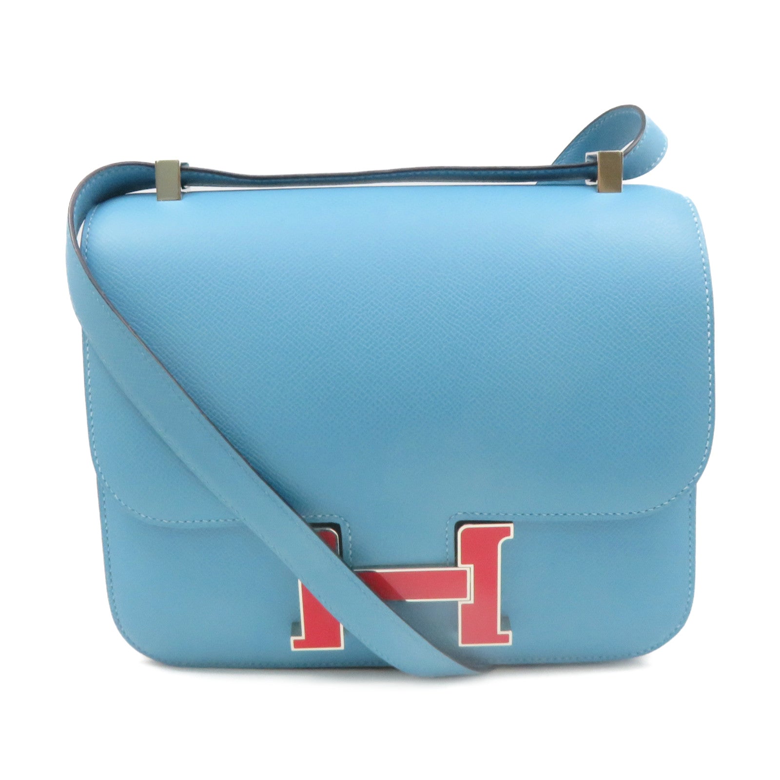 HERMES Epsom皮革Constance 24 Shoulder Bag银扣肩背袋Bleu De Nord蓝色