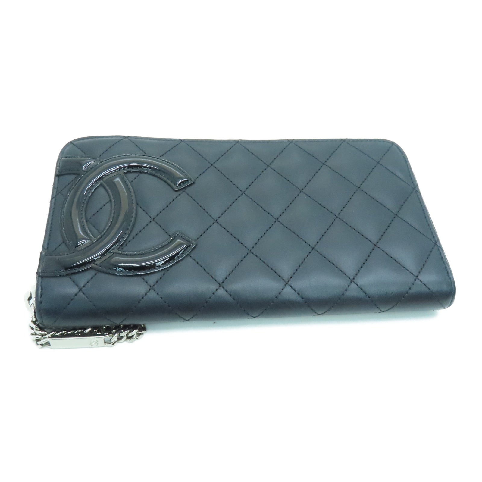 CHANEL 菱格牛皮皮革Cambon Line银扣长钱包黑色