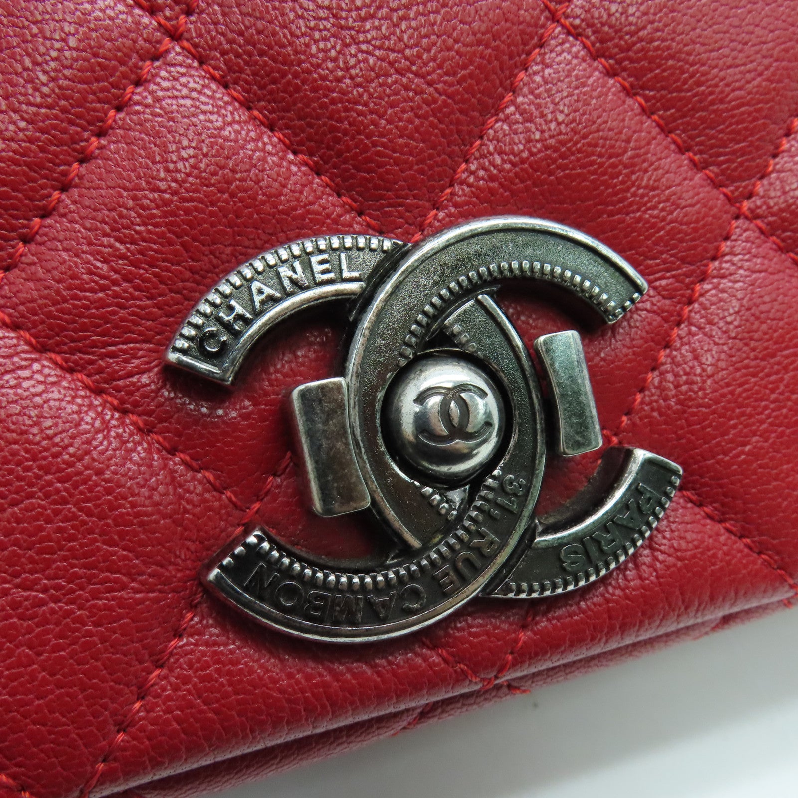 CHANEL 菱格牛皮皮革Chain Shoulder銀扣肩背袋紅色