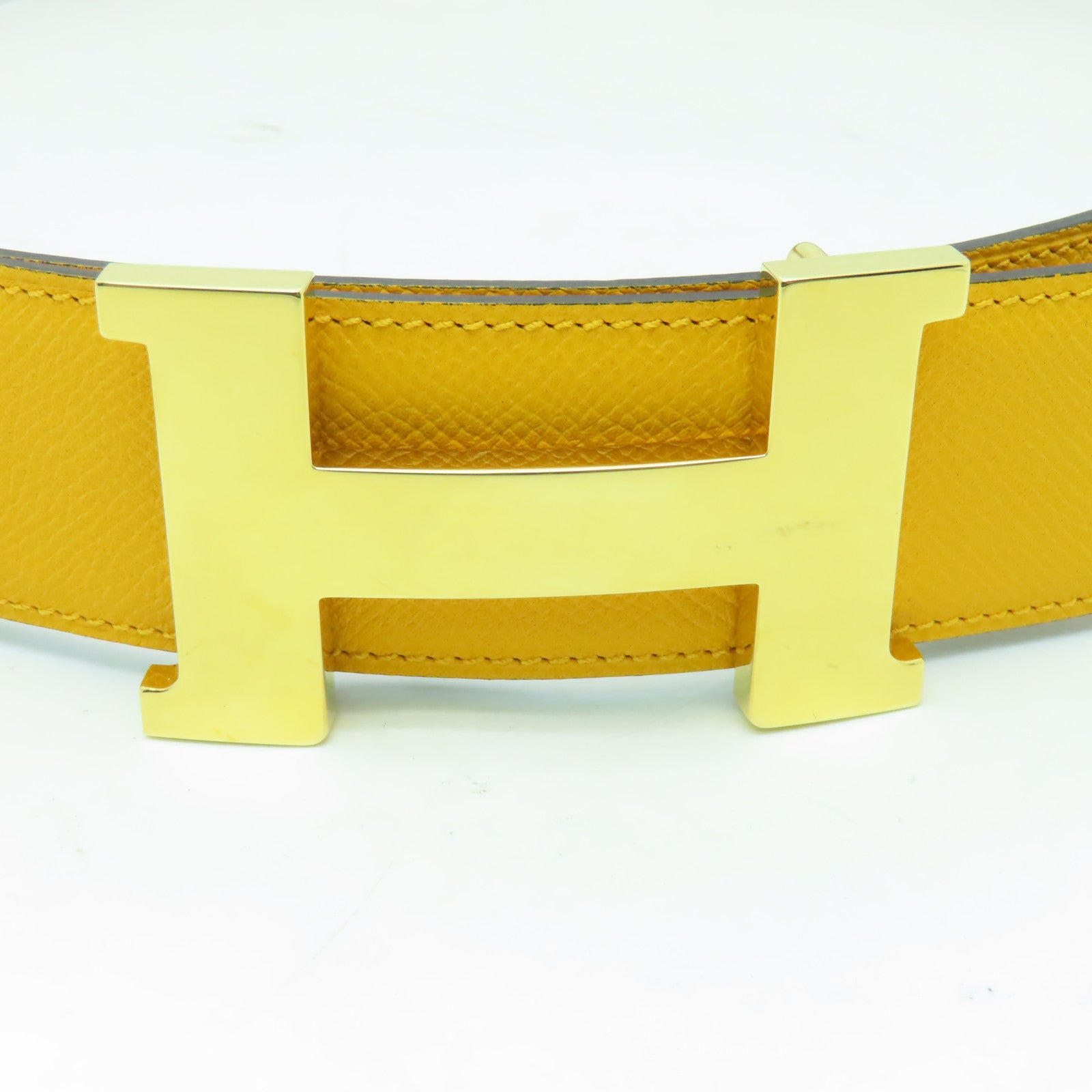 HERMES Epsom皮革Big H Belt 90x4.2cm金扣皮帶黃色