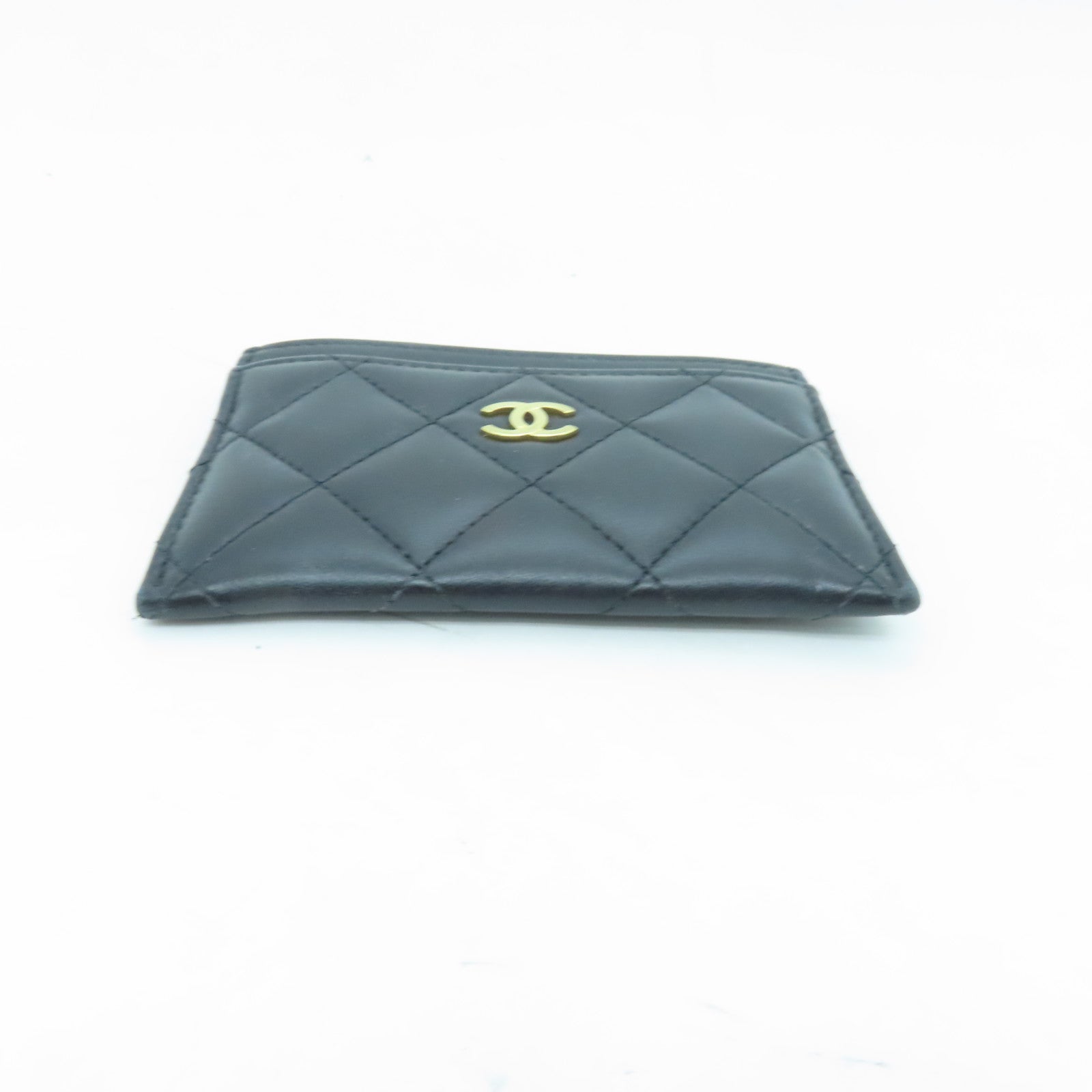 CHANEL Rhombus Sheepskin Leather Card Case Gold Buckle Card Holder Black