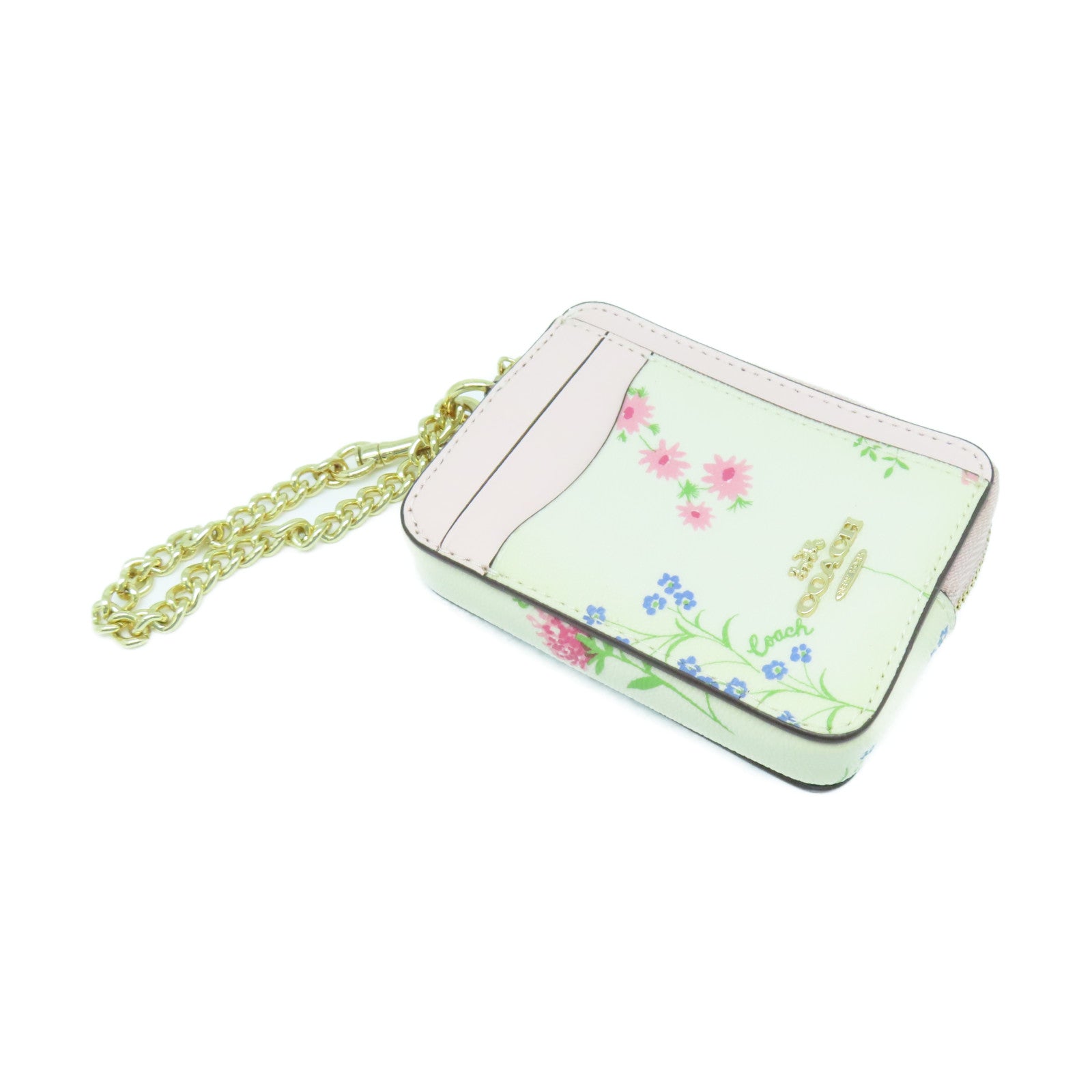 COACH Leather Card Case Gold Buckle White/Pink