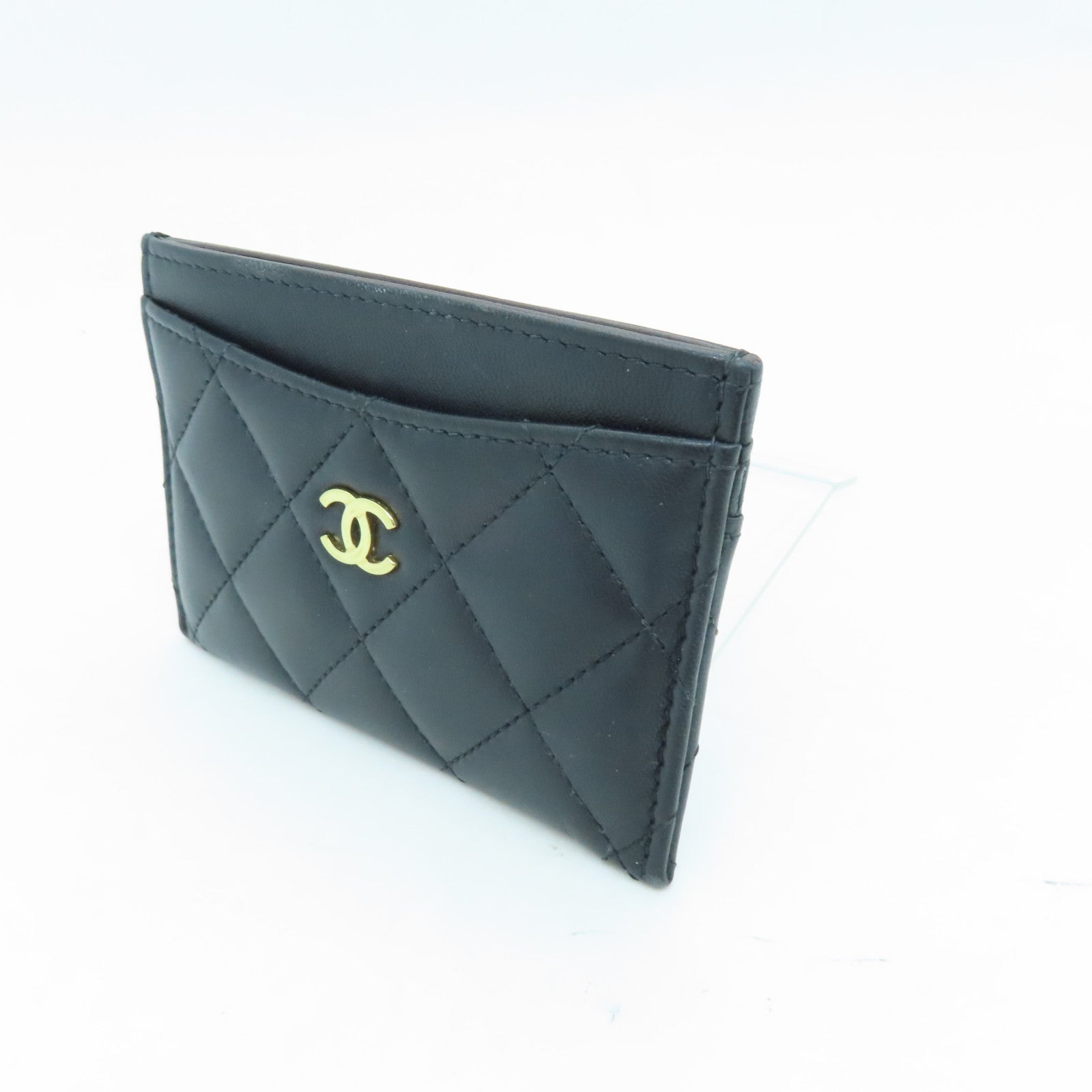 CHANEL Rhombus Sheepskin Leather Card Case Gold Buckle Card Holder Black