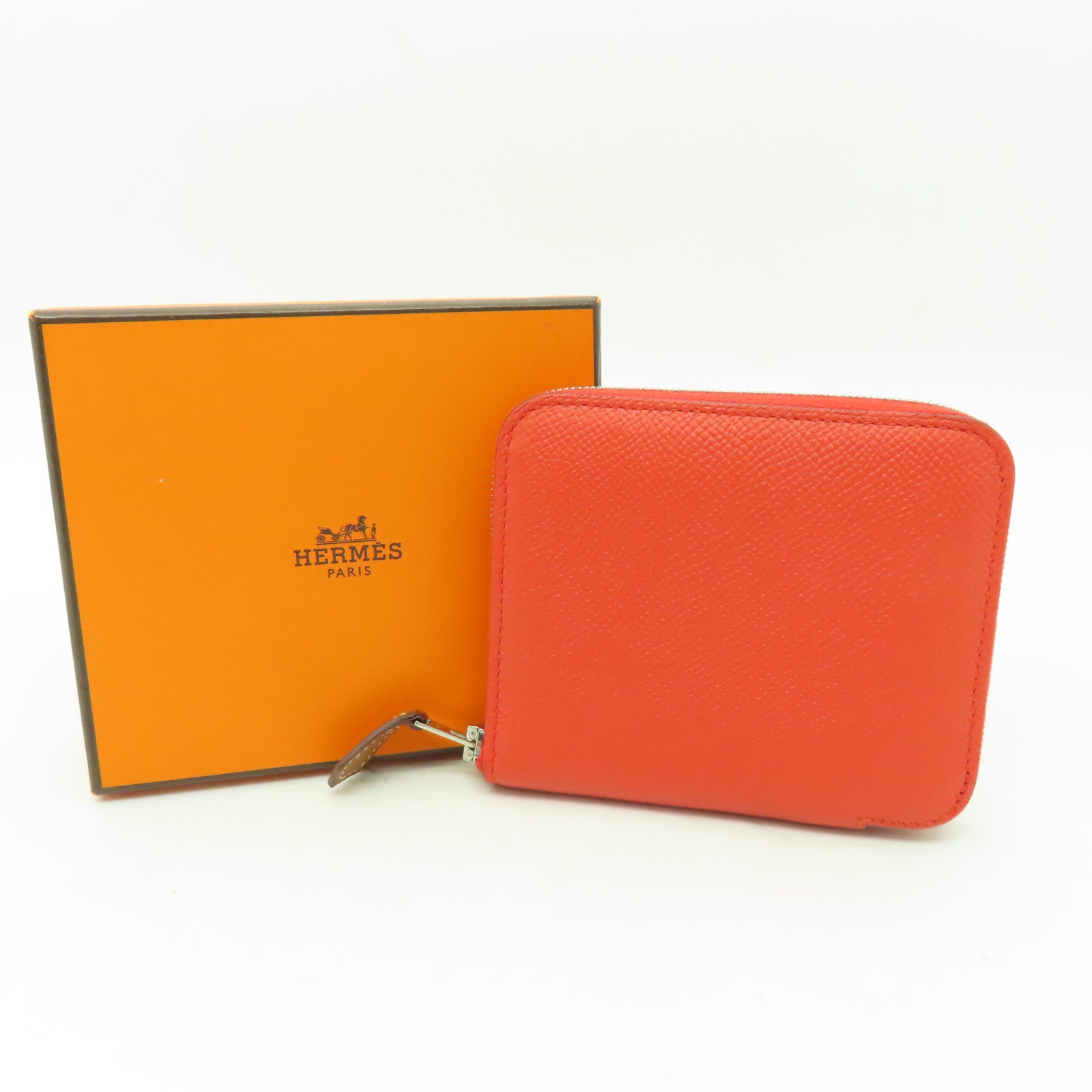 HERMES Clemence皮革Silk in Wallet銀扣錢包牡丹紅色