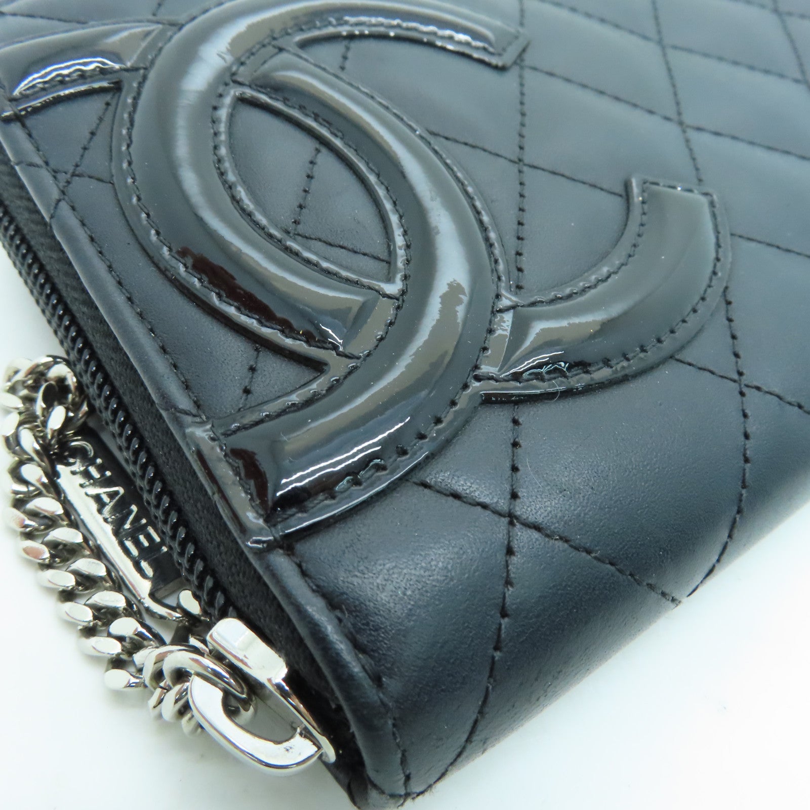 CHANEL 菱格牛皮皮革Cambon Line银扣长钱包黑色