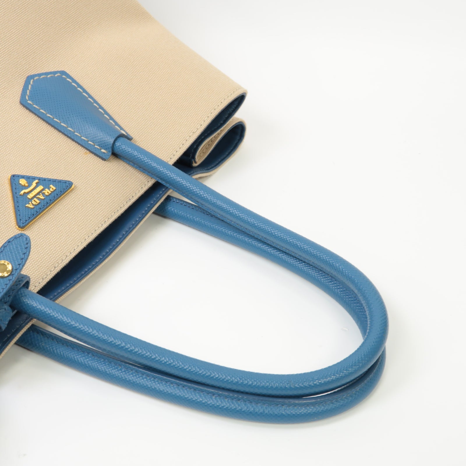 PRADA 帆布/牛皮皮革2way Shoulder Bag金扣手挽肩背兩用袋藍色/米色