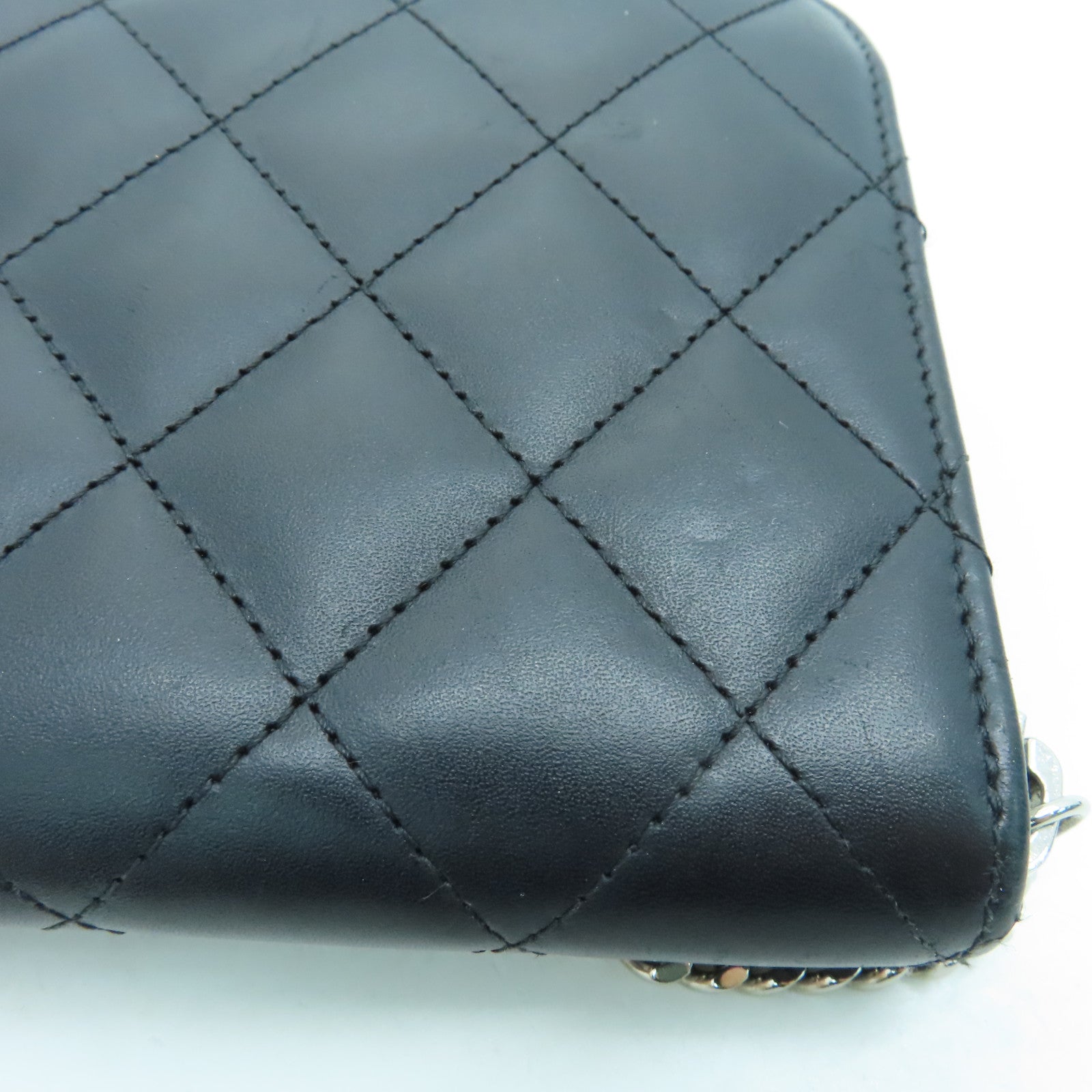 CHANEL 菱格牛皮皮革Cambon Line银扣长钱包黑色