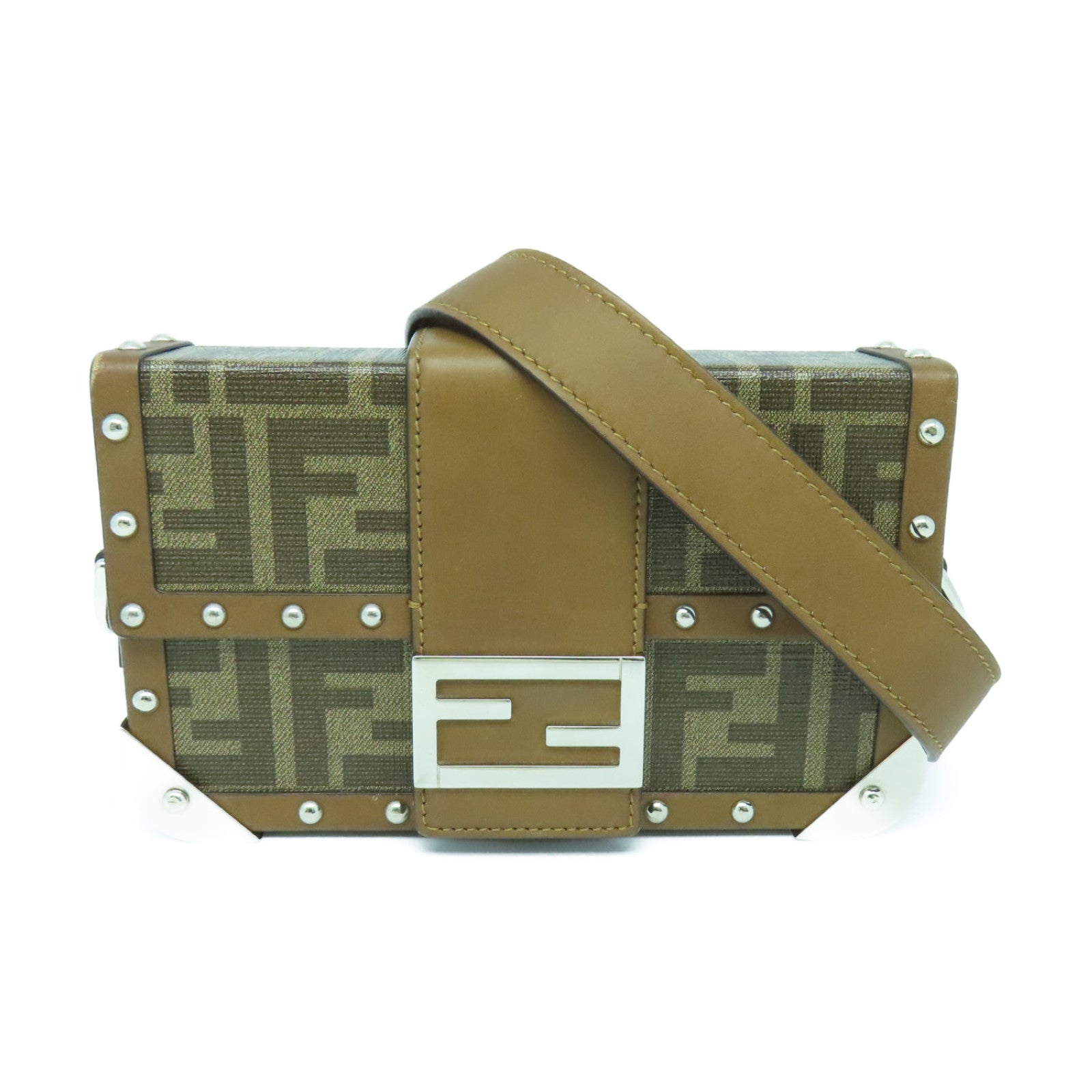 FENDI 牛皮皮革Baguette Trunk Mini Bag银扣肩背袋肩背袋啡色